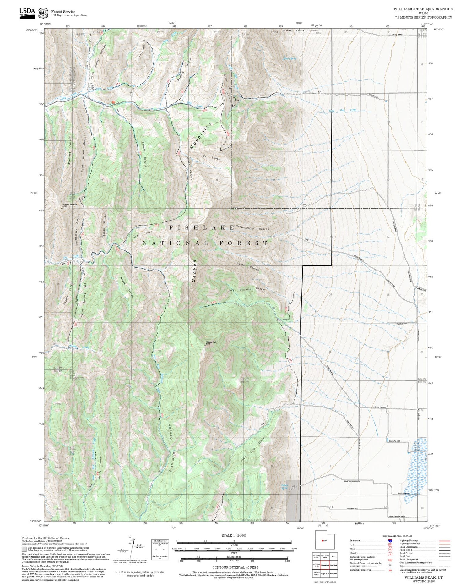 2025 Forest Service Topo Map of Williams Peak Utah