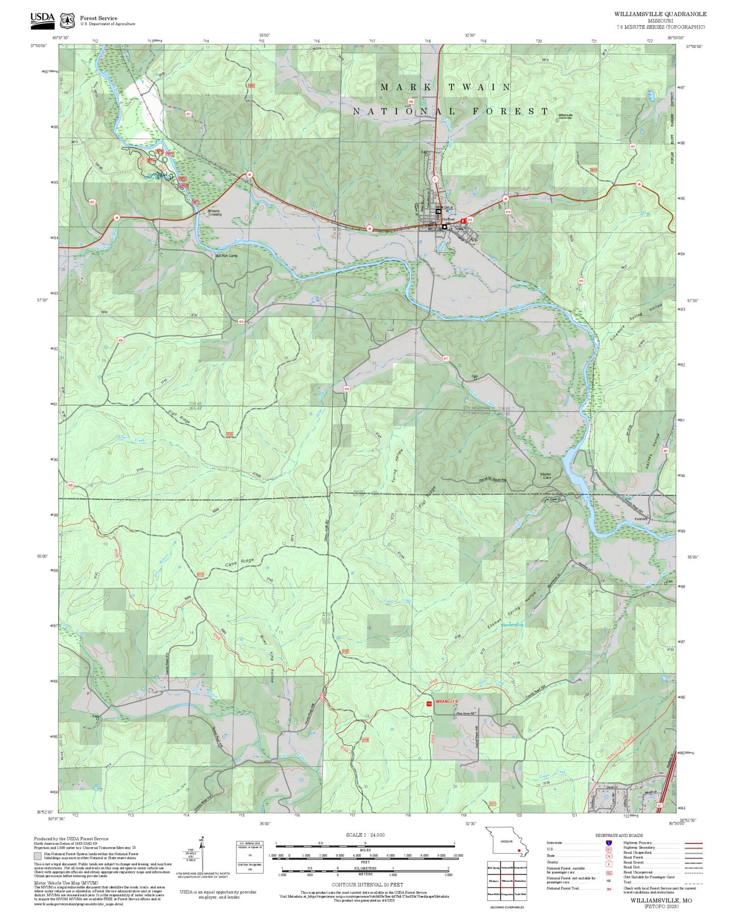 2025 Forest Service Topo Map of Williamsville Missouri