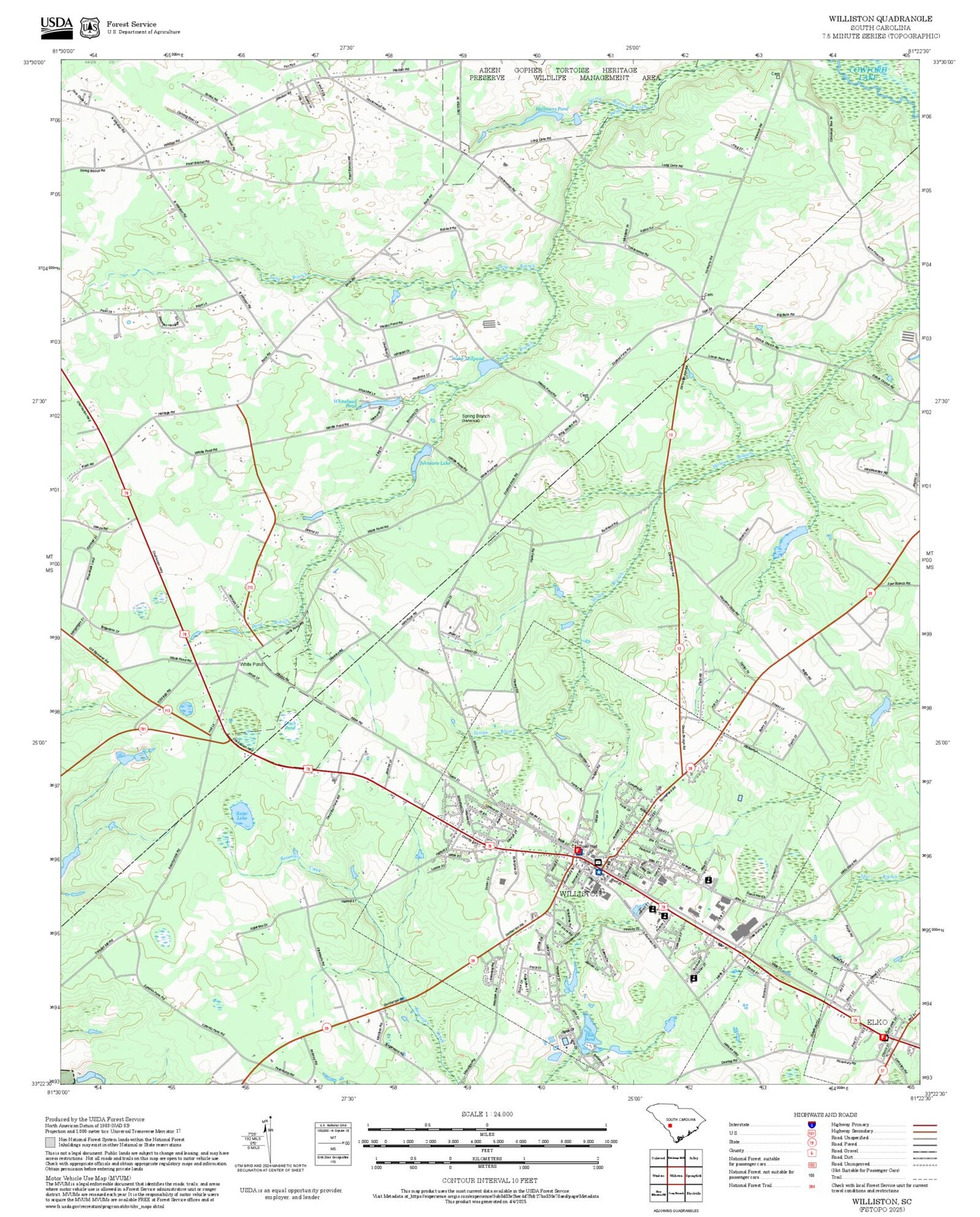 2025 Forest Service Topo Map of Williston South Carolina