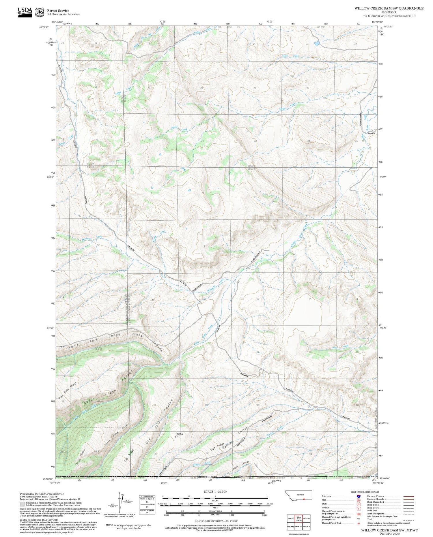2025 Forest Service Topo Map of Willow Creek Dam SW Montana