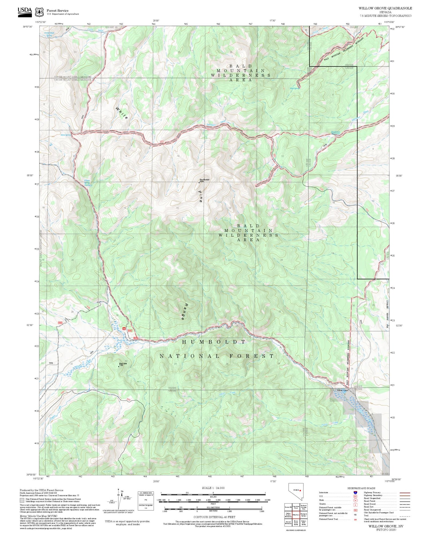 2025 Forest Service Topo Map of Willow Grove Nevada