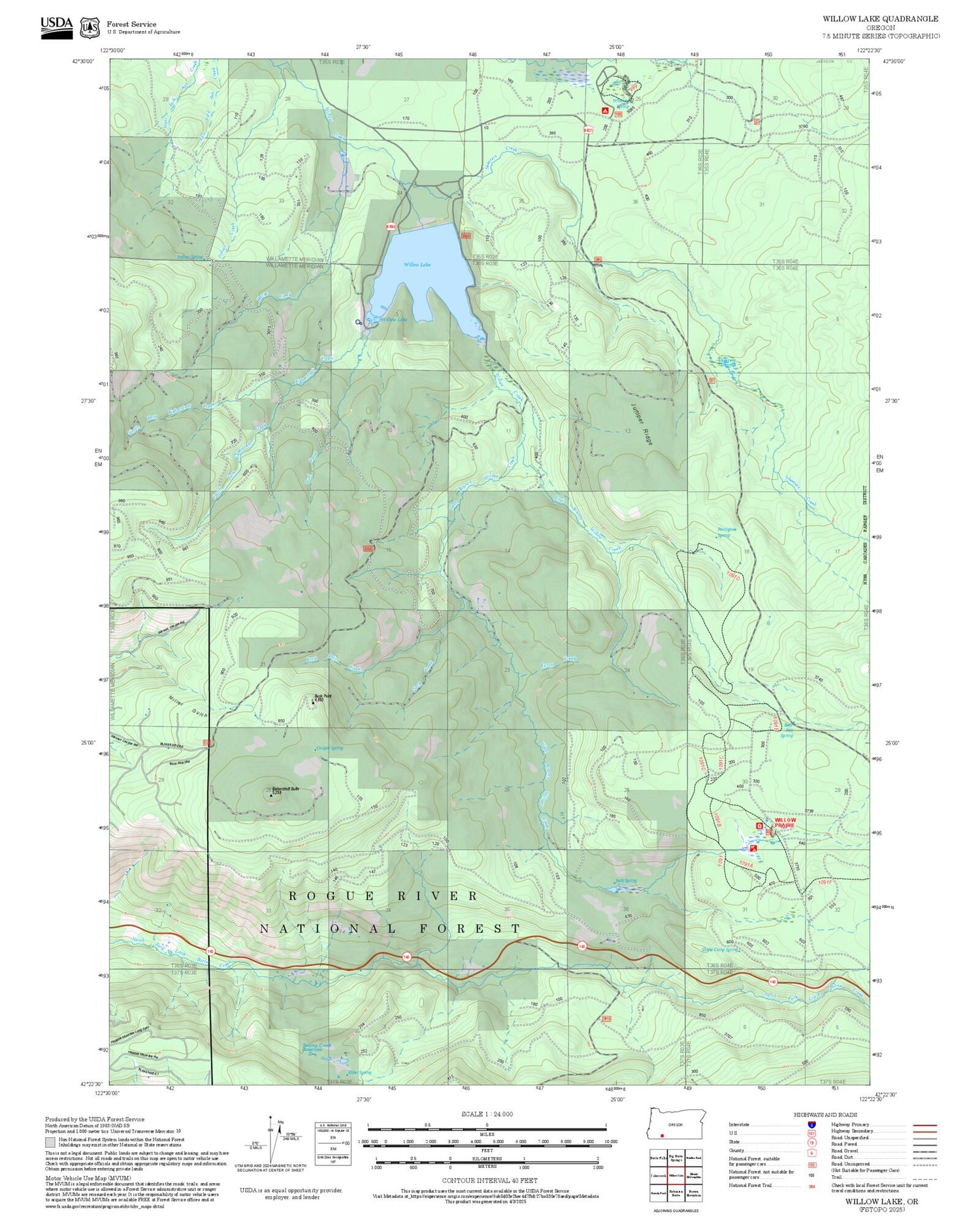 2025 Forest Service Topo Map of Willow Lake Oregon