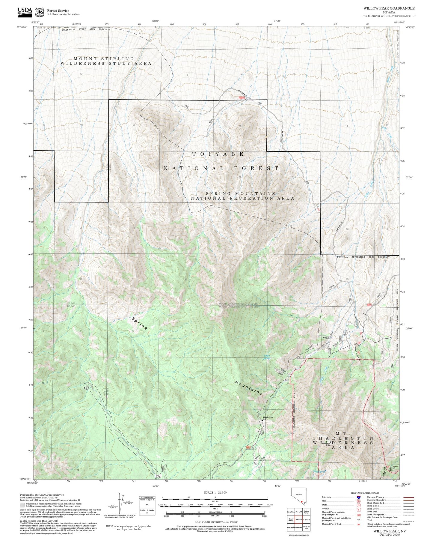 2025 Forest Service Topo Map of Willow Peak Nevada