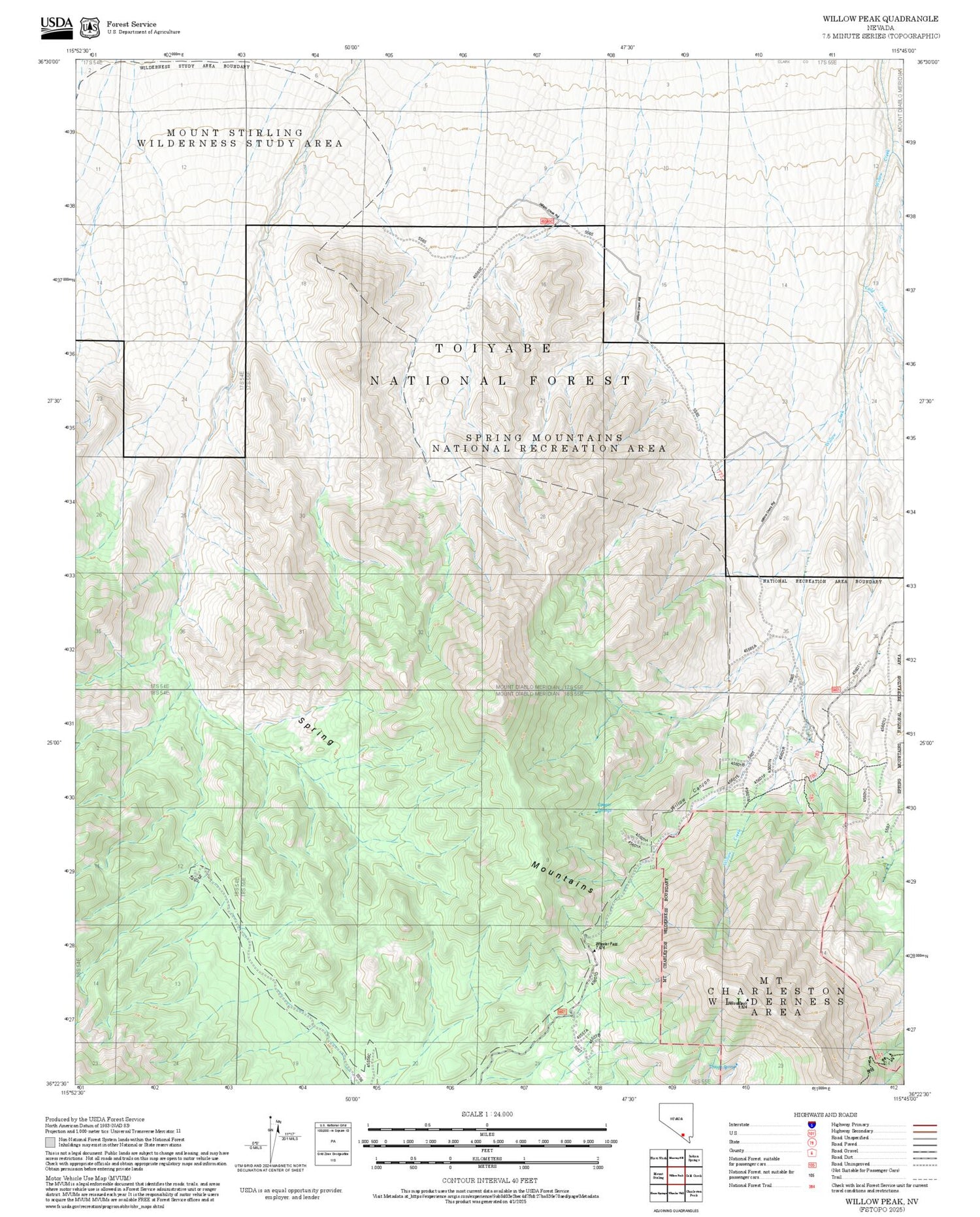 2025 Forest Service Topo Map of Willow Peak Nevada