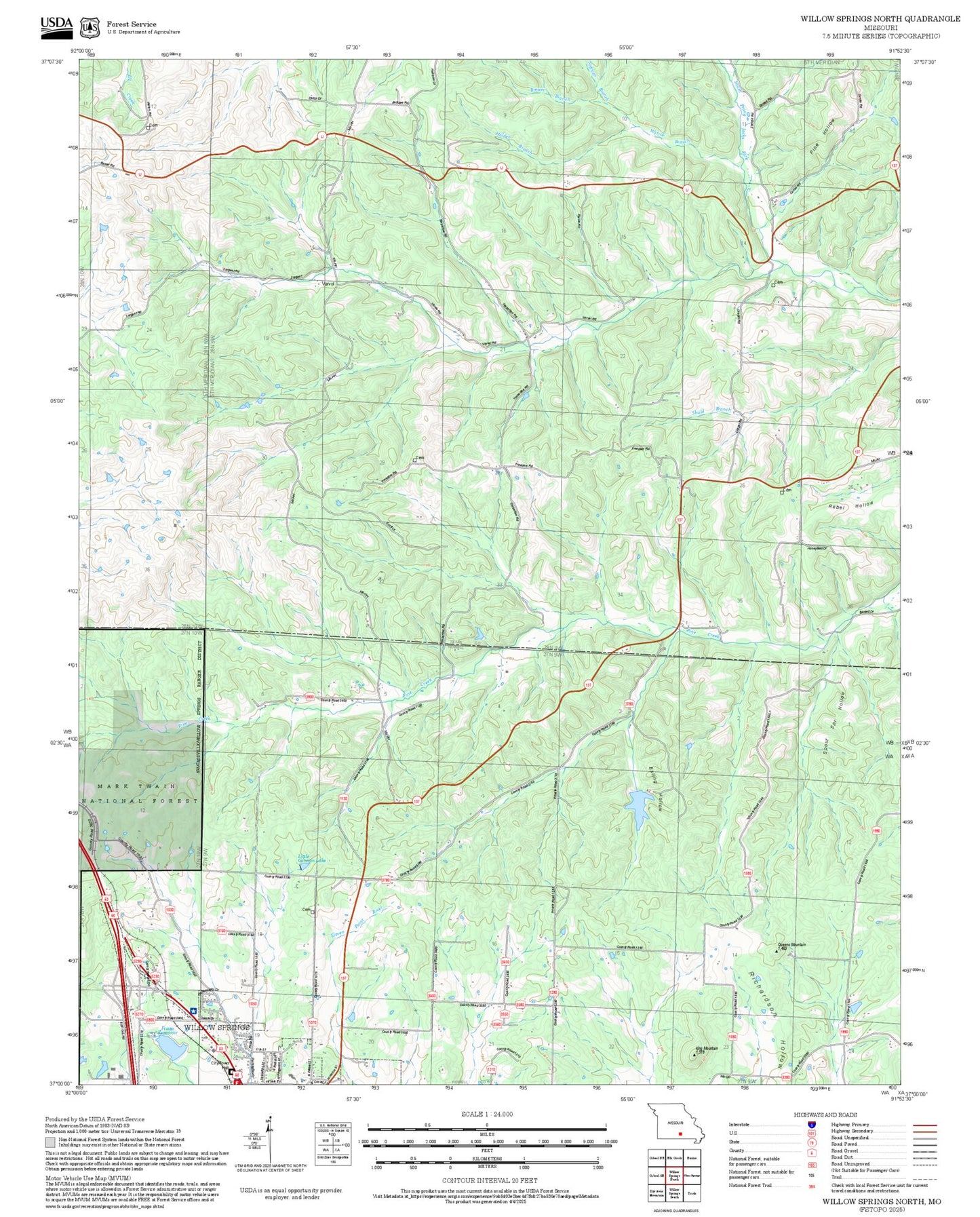 2025 Forest Service Topo Map of Willow Springs North Missouri
