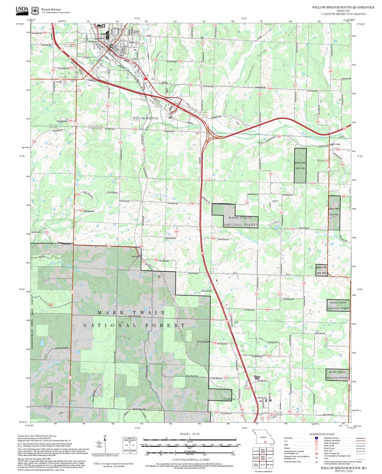 2025 Forest Service Topo Map of Willow Springs South Missouri
