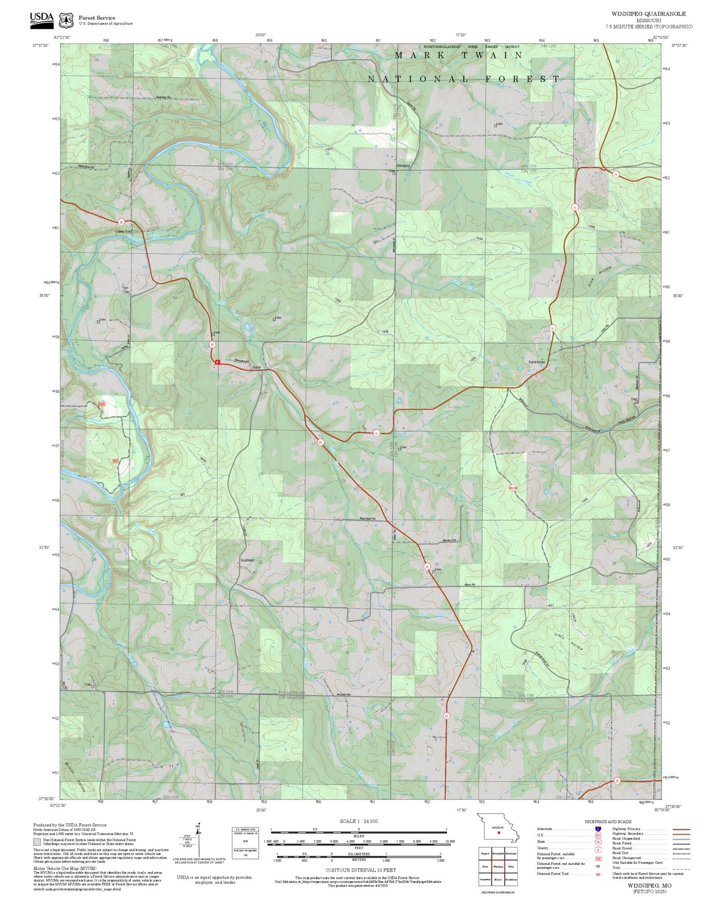 2025 Forest Service Topo Map of Winnipeg Missouri