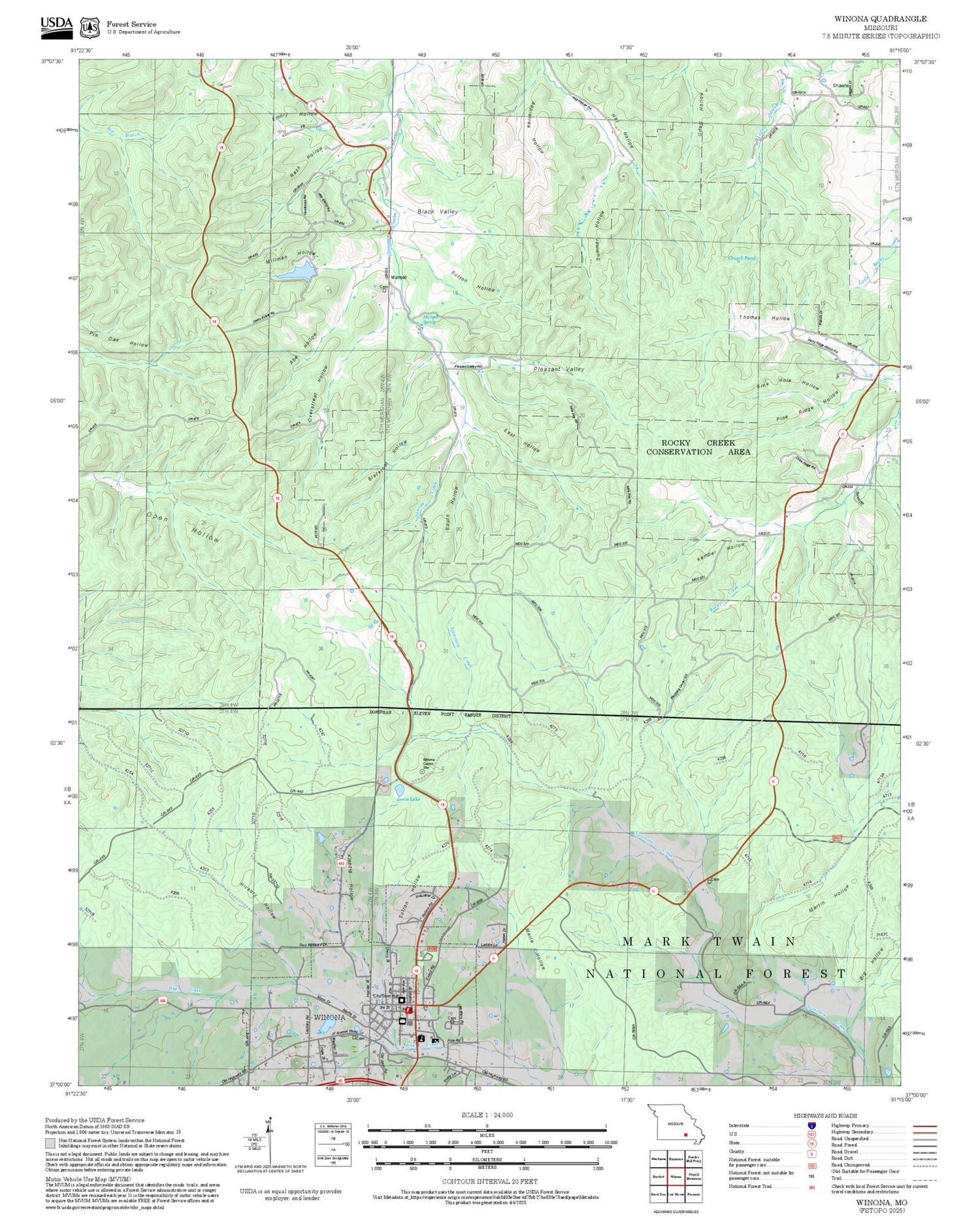 2025 Forest Service Topo Map of Winona Missouri