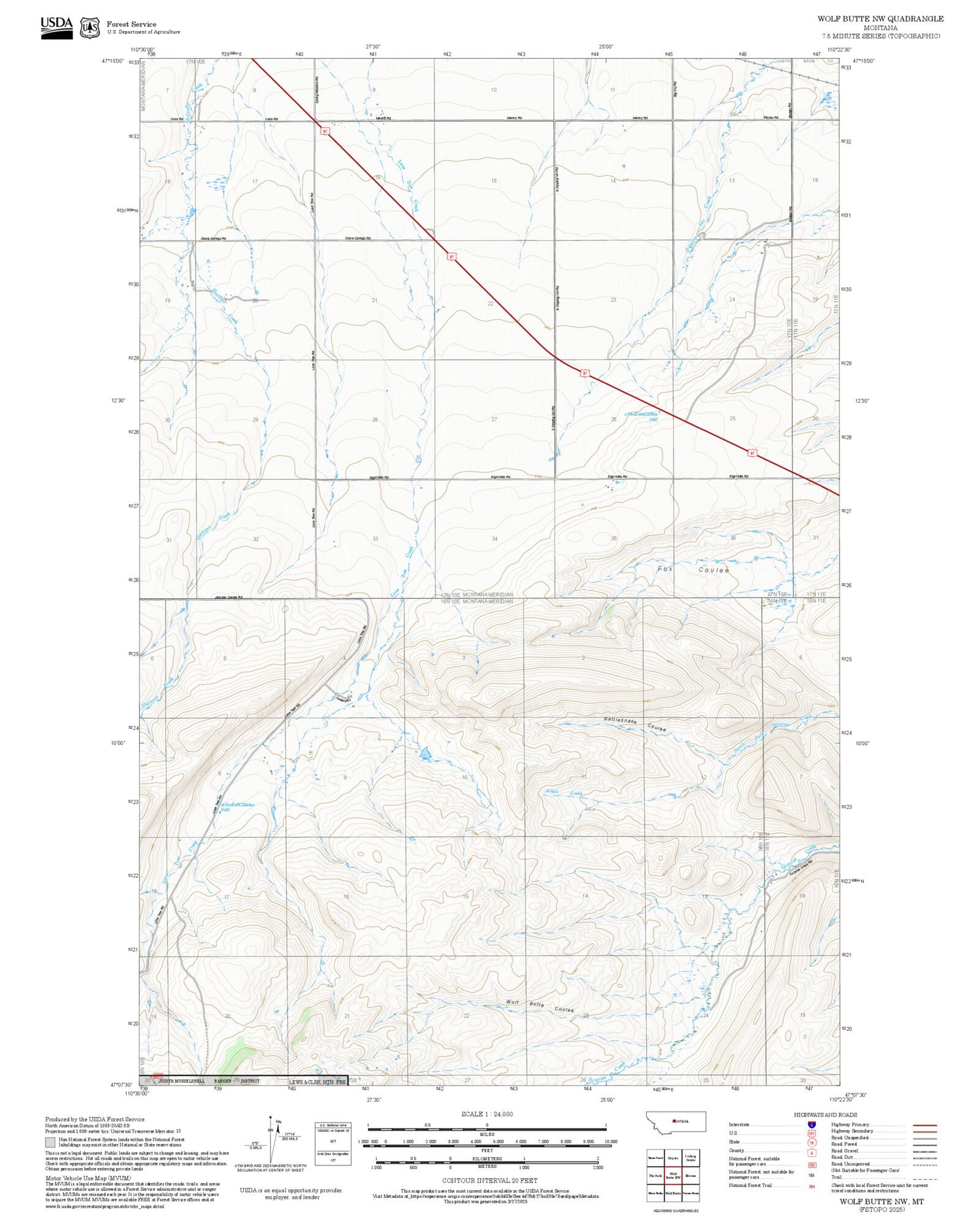 2025 Forest Service Topo Map of Wolf Butte NW Montana