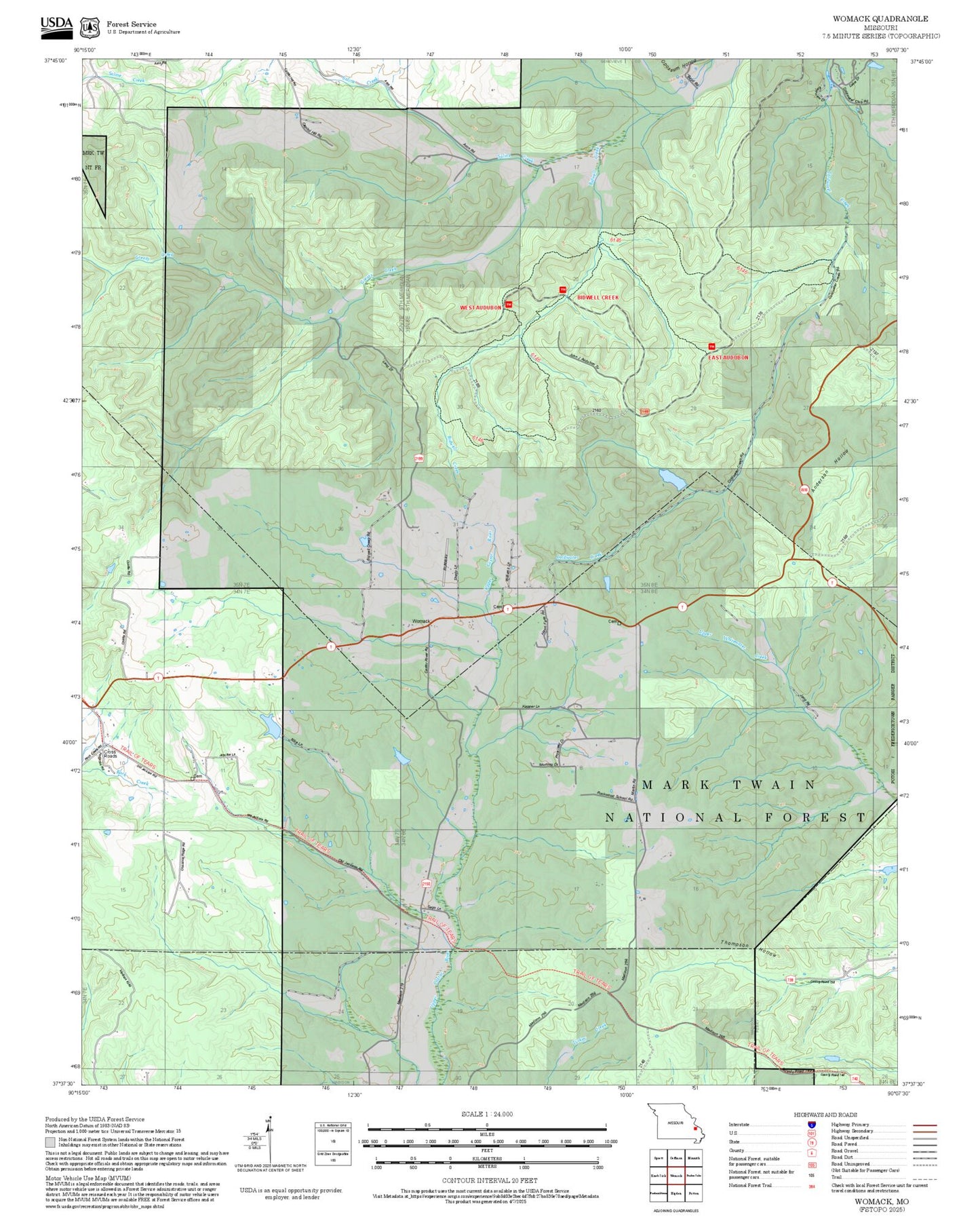 2025 Forest Service Topo Map of Womack Missouri