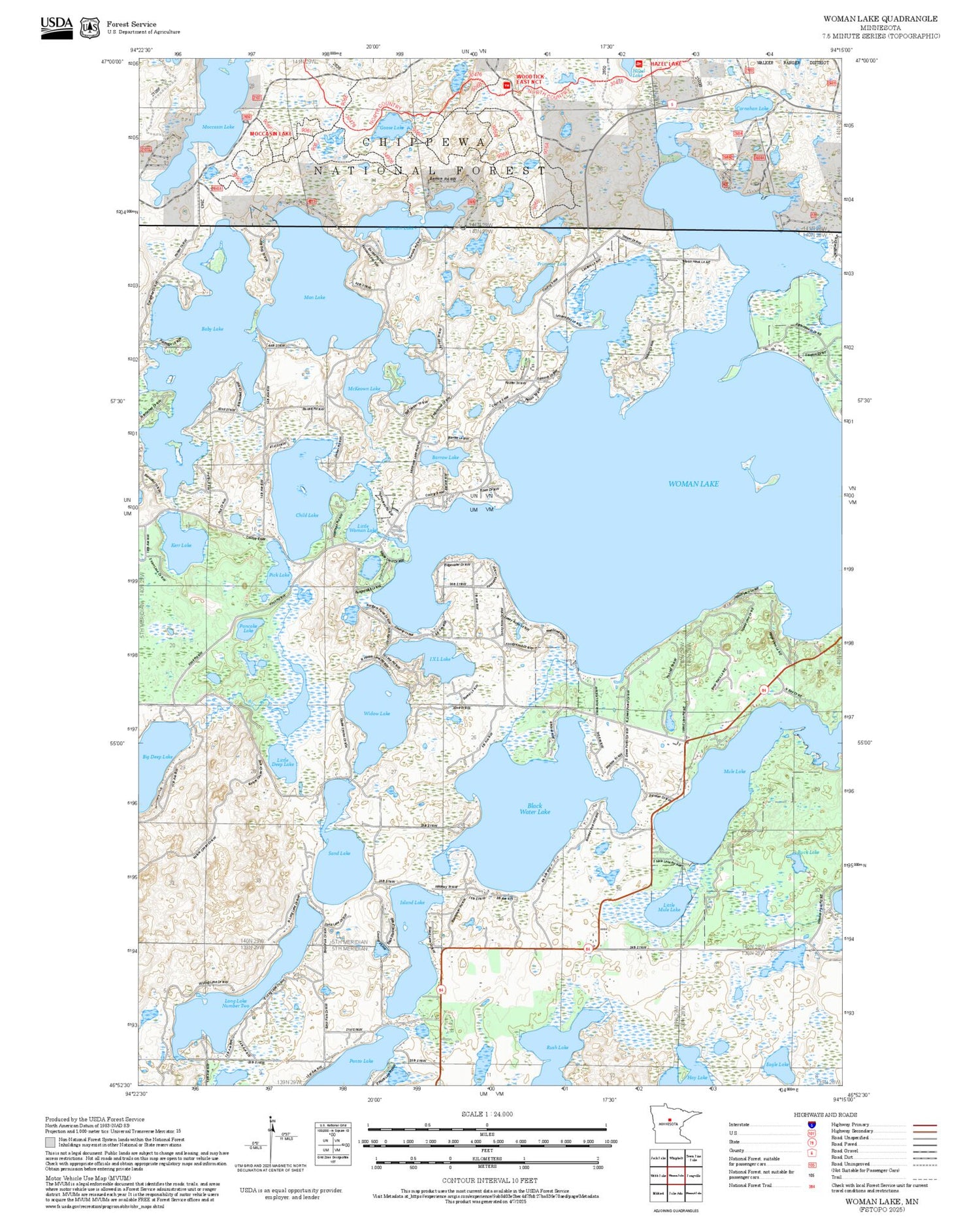 2025 Forest Service Topo Map of Woman Lake Minnesota