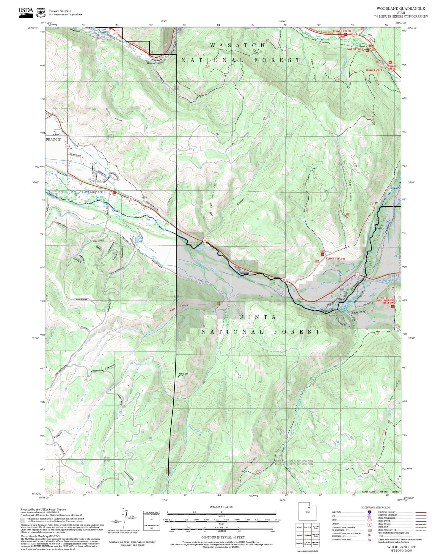 2025 Forest Service Topo Map of Woodland Utah