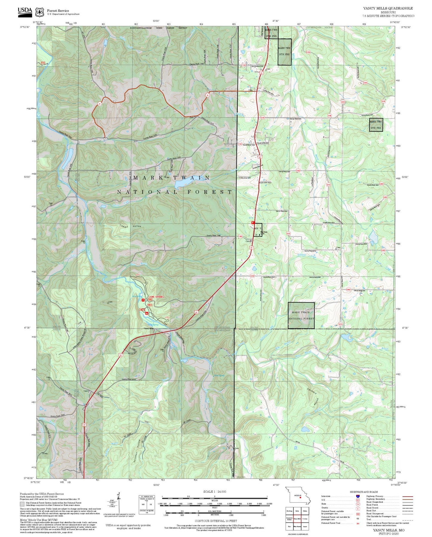 2025 Forest Service Topo Map of Yancy Mills Missouri