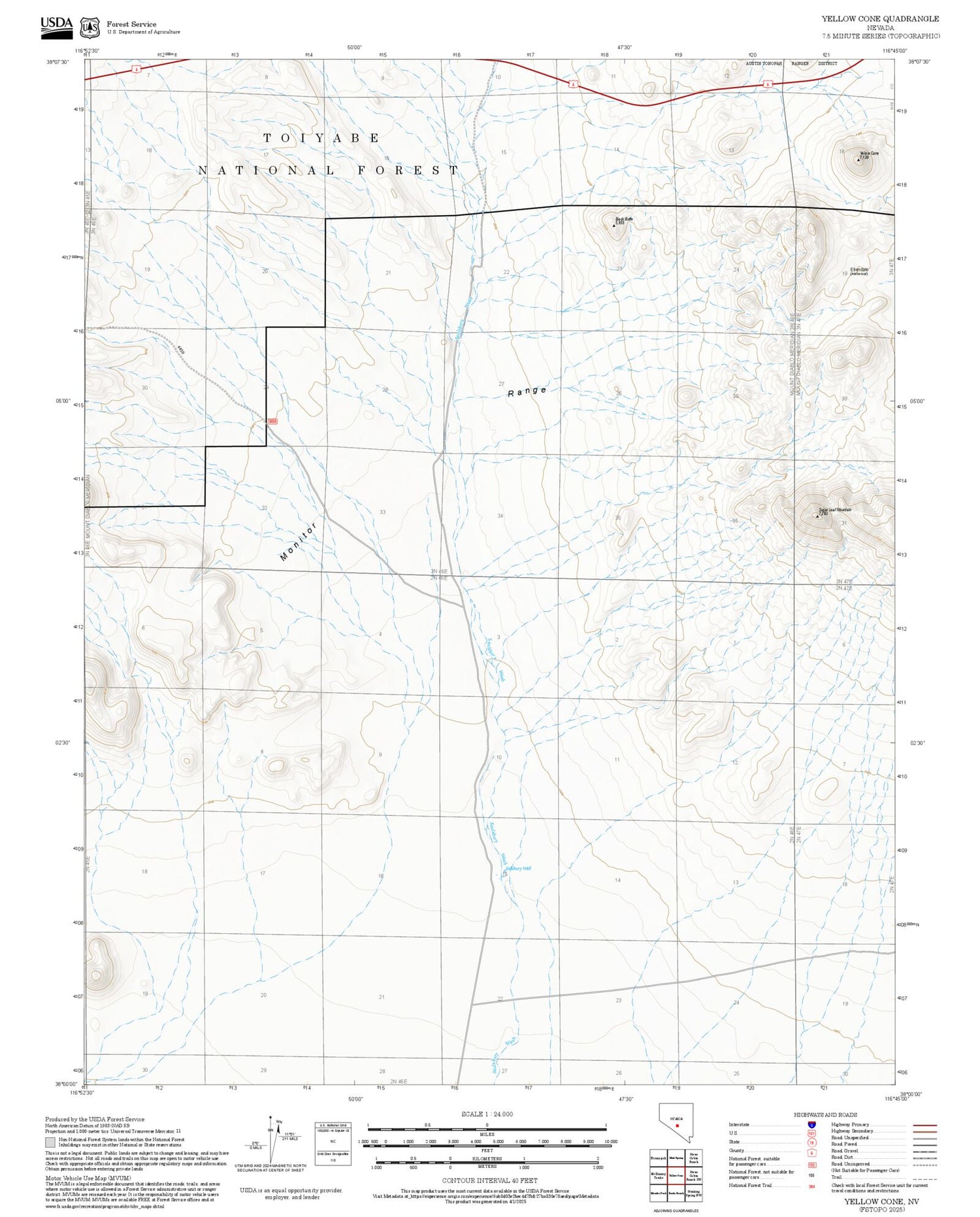 2025 Forest Service Topo Map of Yellow Cone Nevada