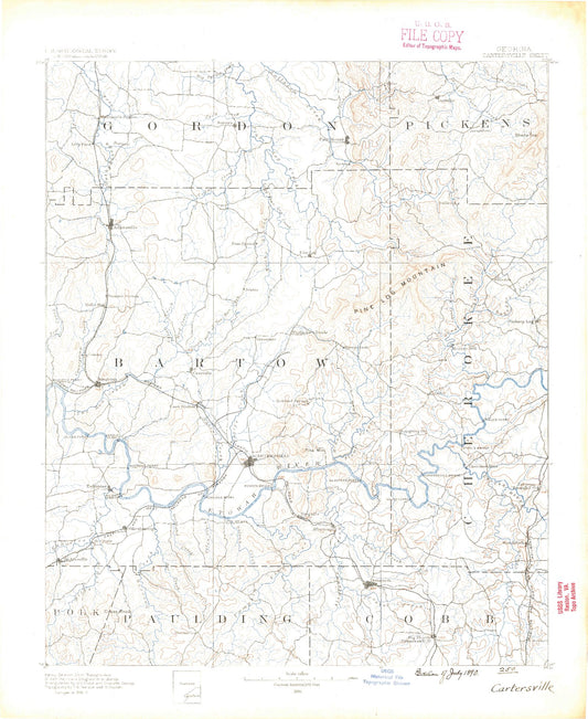 Historic 1890 Cartersville Georgia 30'x30' Topo Map Image