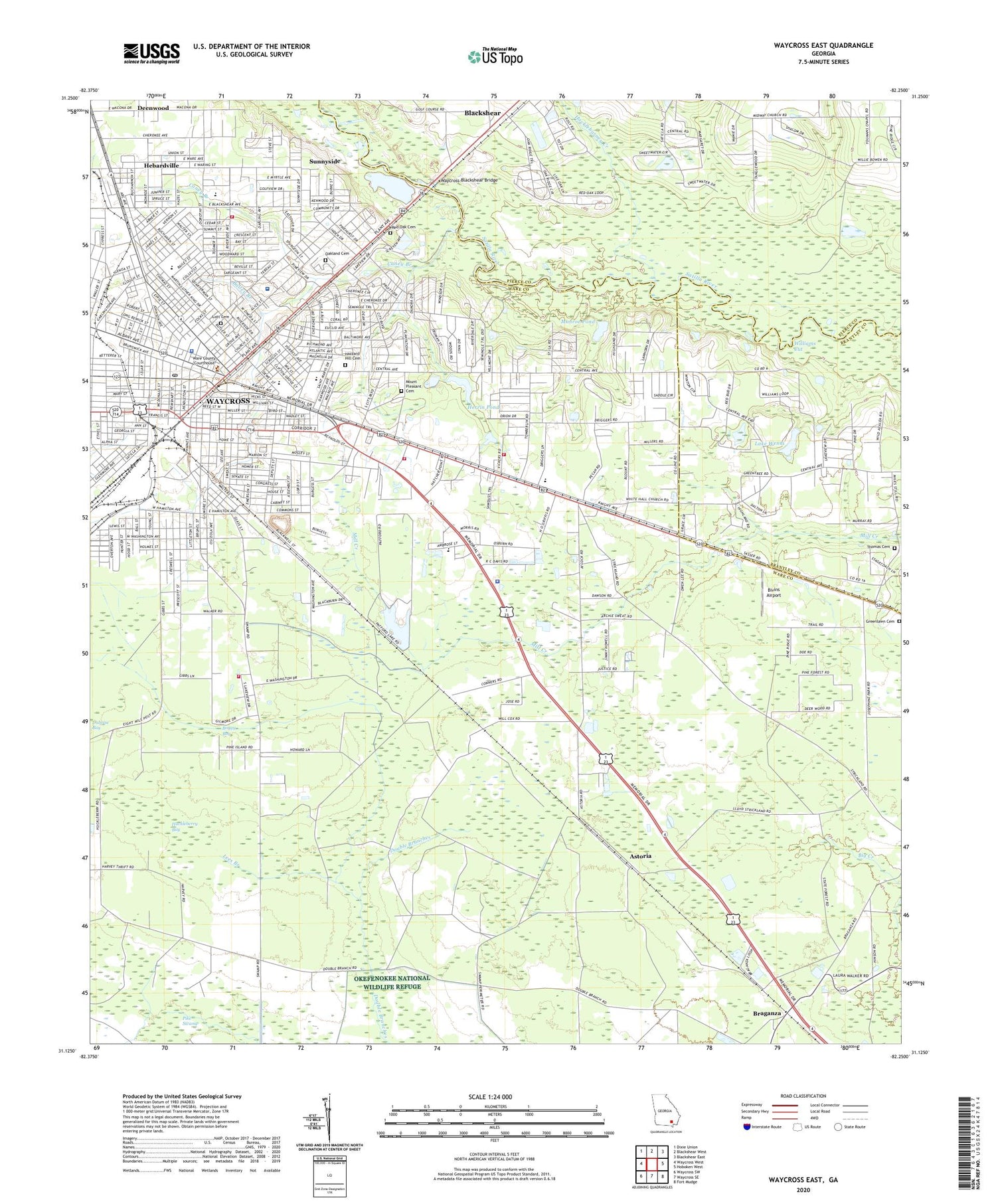 Waycross East Georgia US Topo Map Image