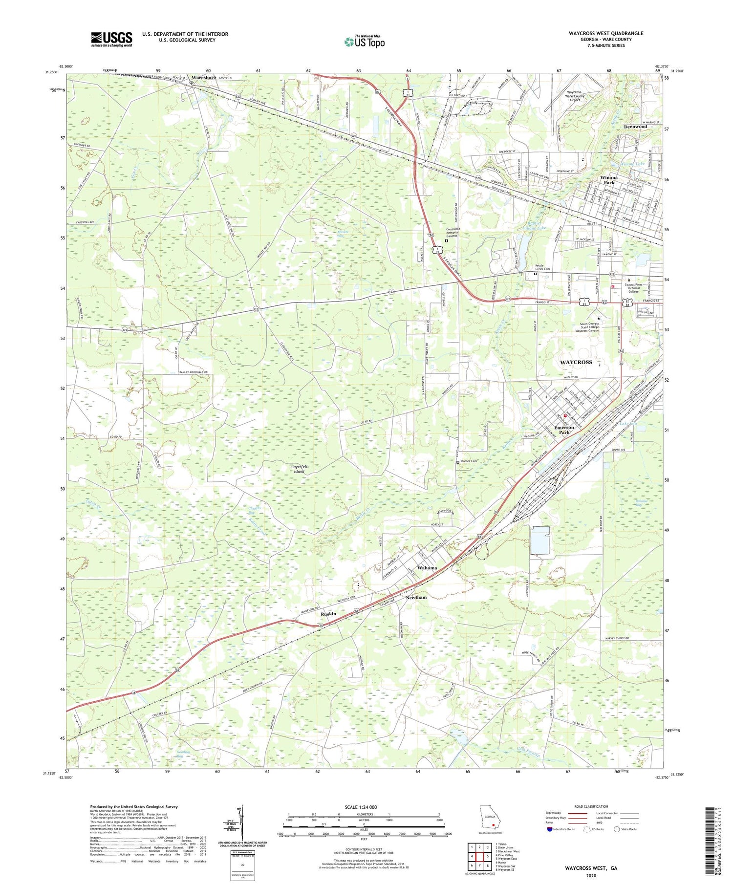 Waycross West Georgia US Topo Map Image