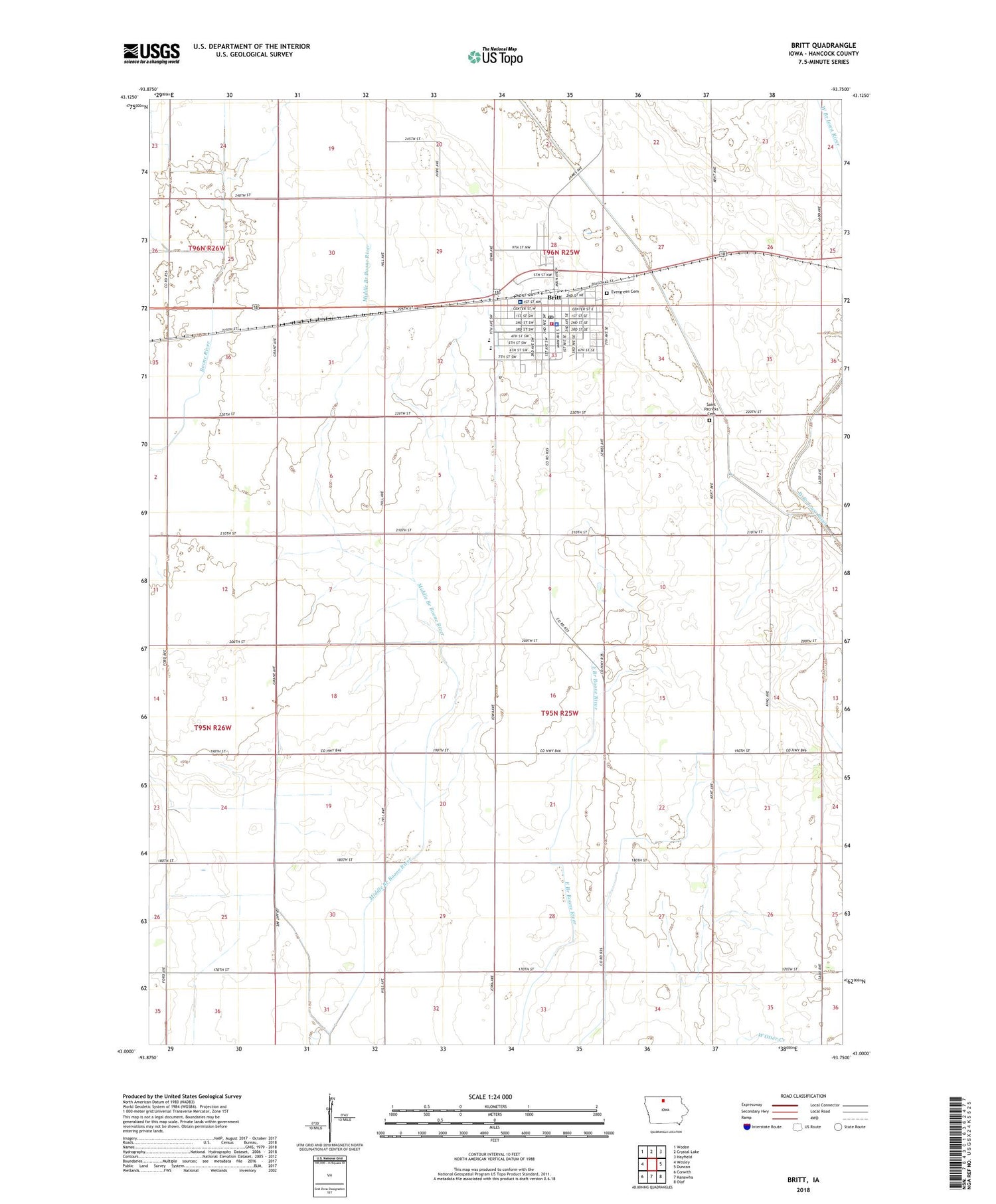 Britt Iowa US Topo Map Image