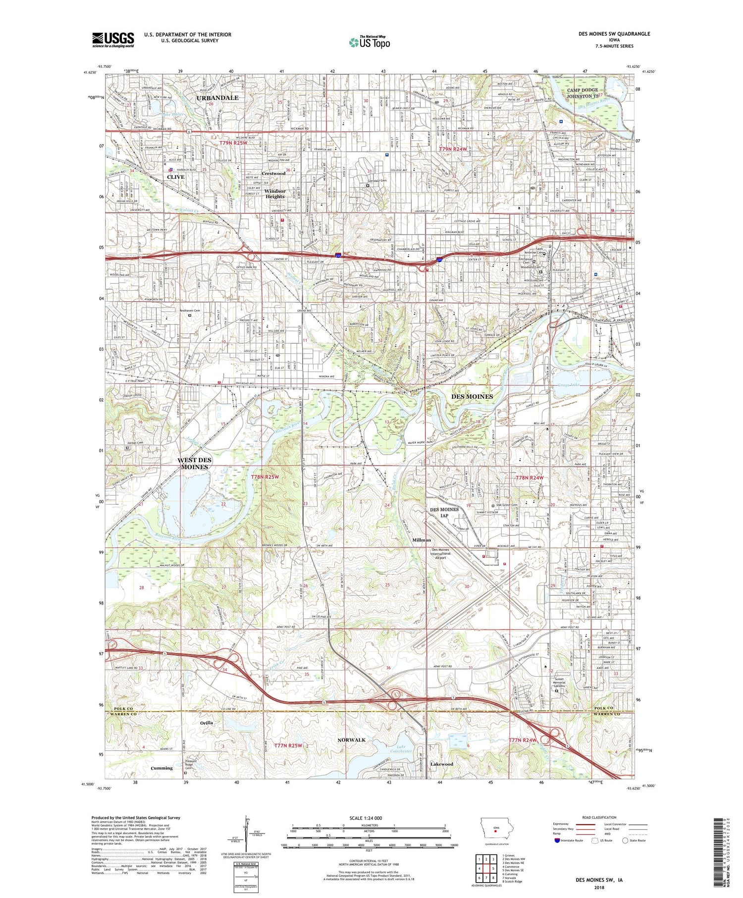 Des Moines SW Iowa US Topo Map Image