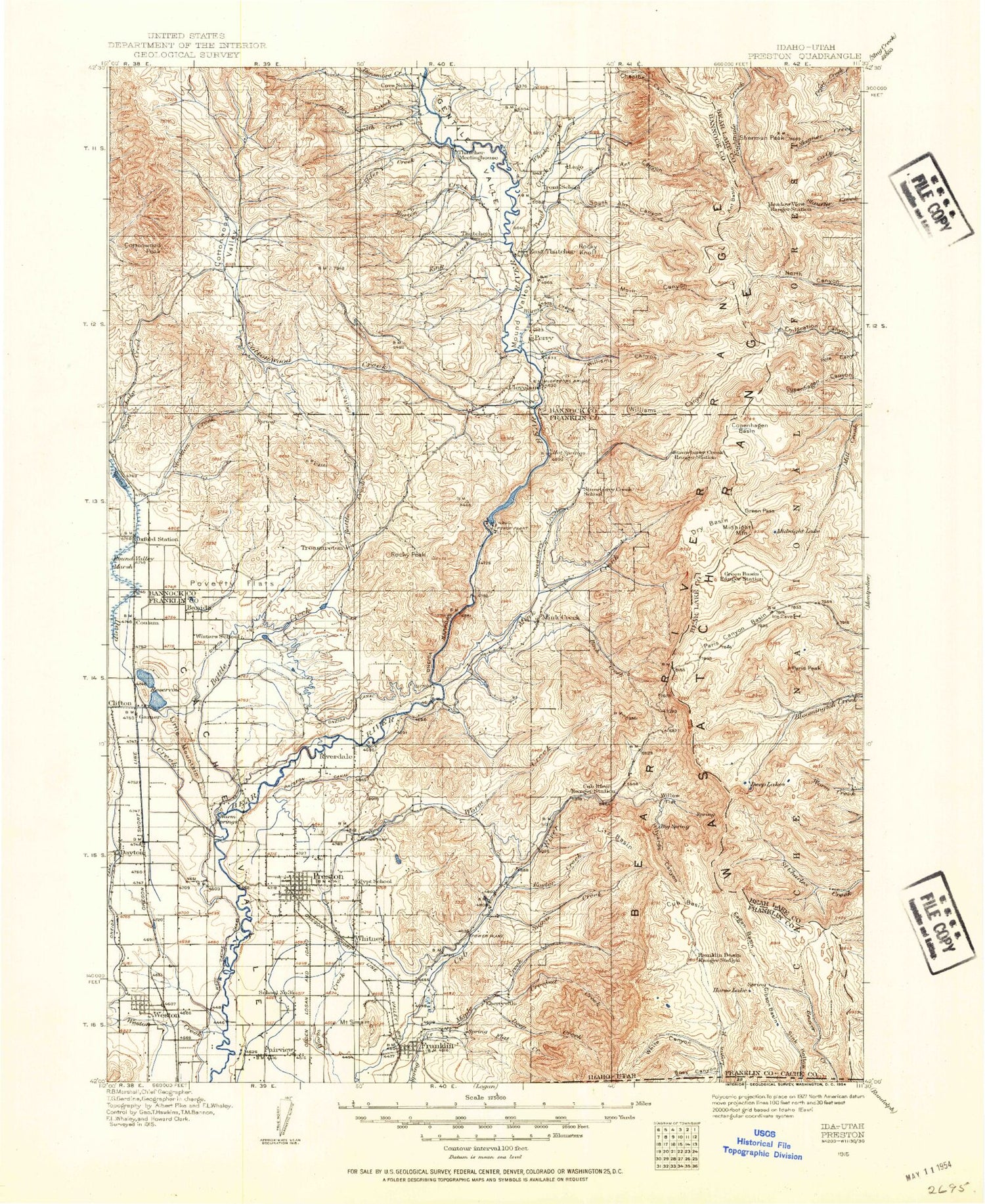 Historic 1915 Preston Idaho 30'x30' Topo Map Image
