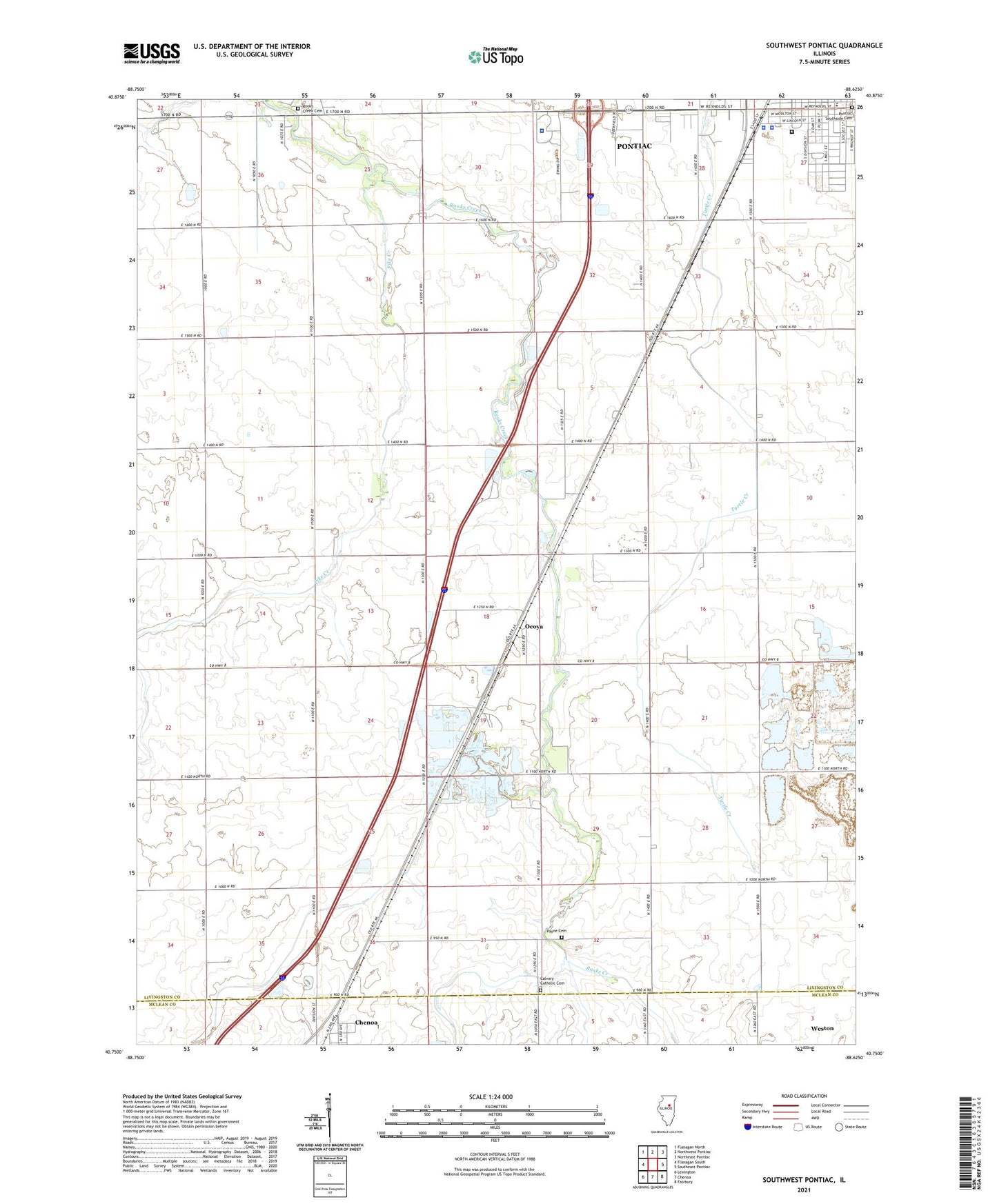 Southwest Pontiac Illinois US Topo Map Image