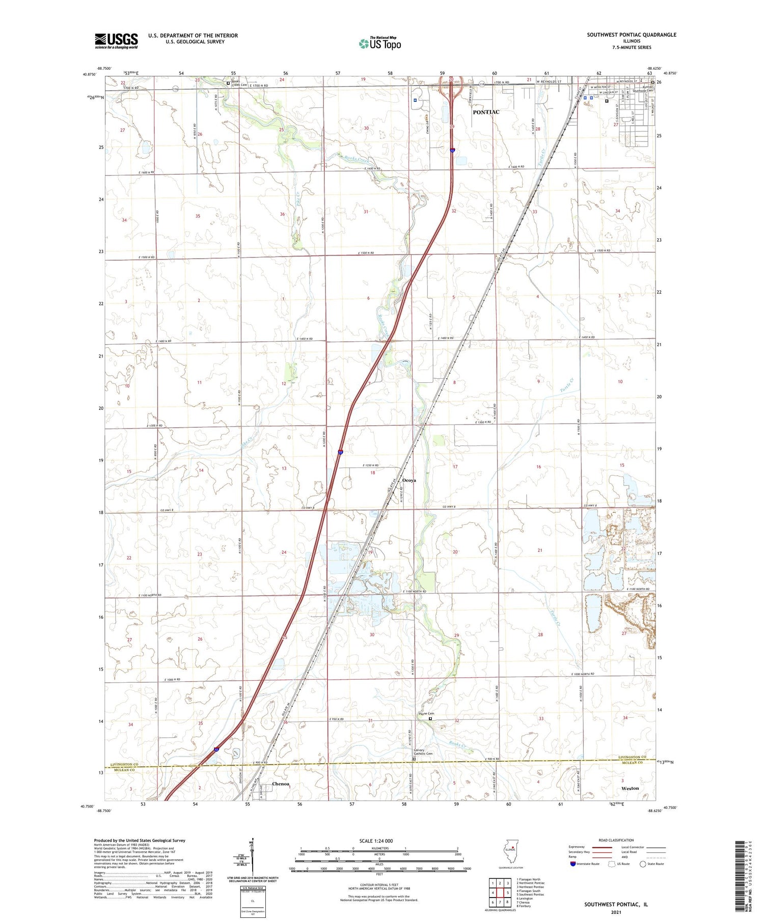 Southwest Pontiac Illinois US Topo Map Image