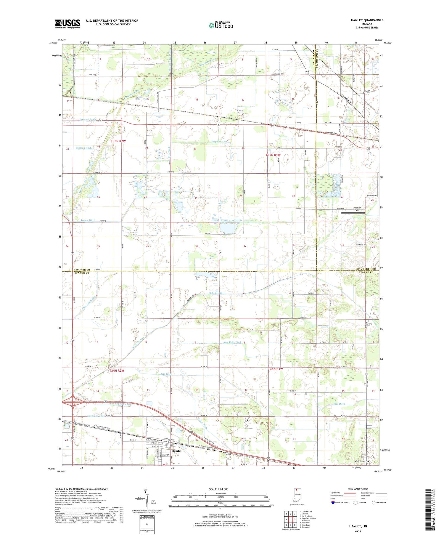 Hamlet Indiana US Topo Map Image