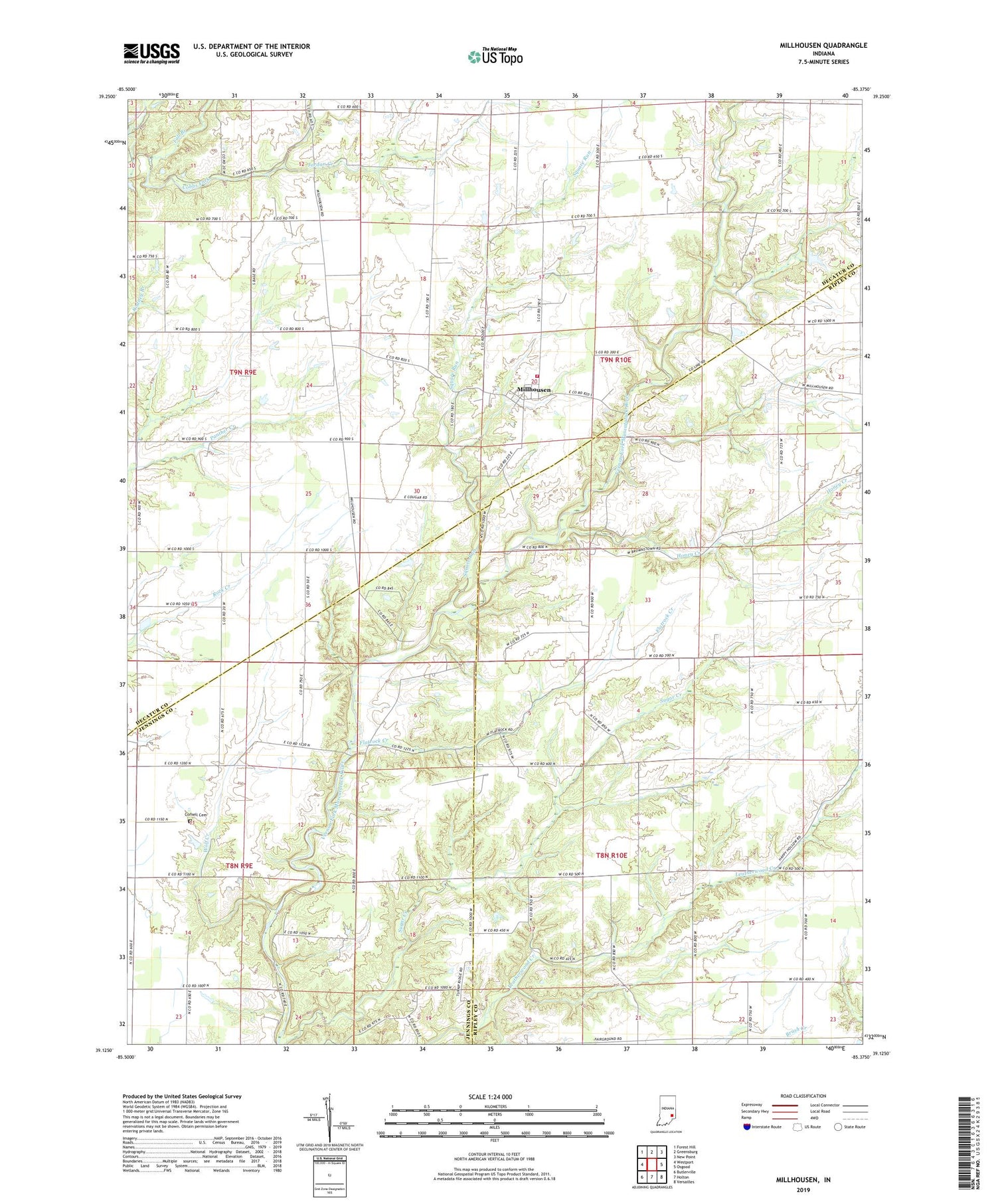 Millhousen Indiana US Topo Map Image