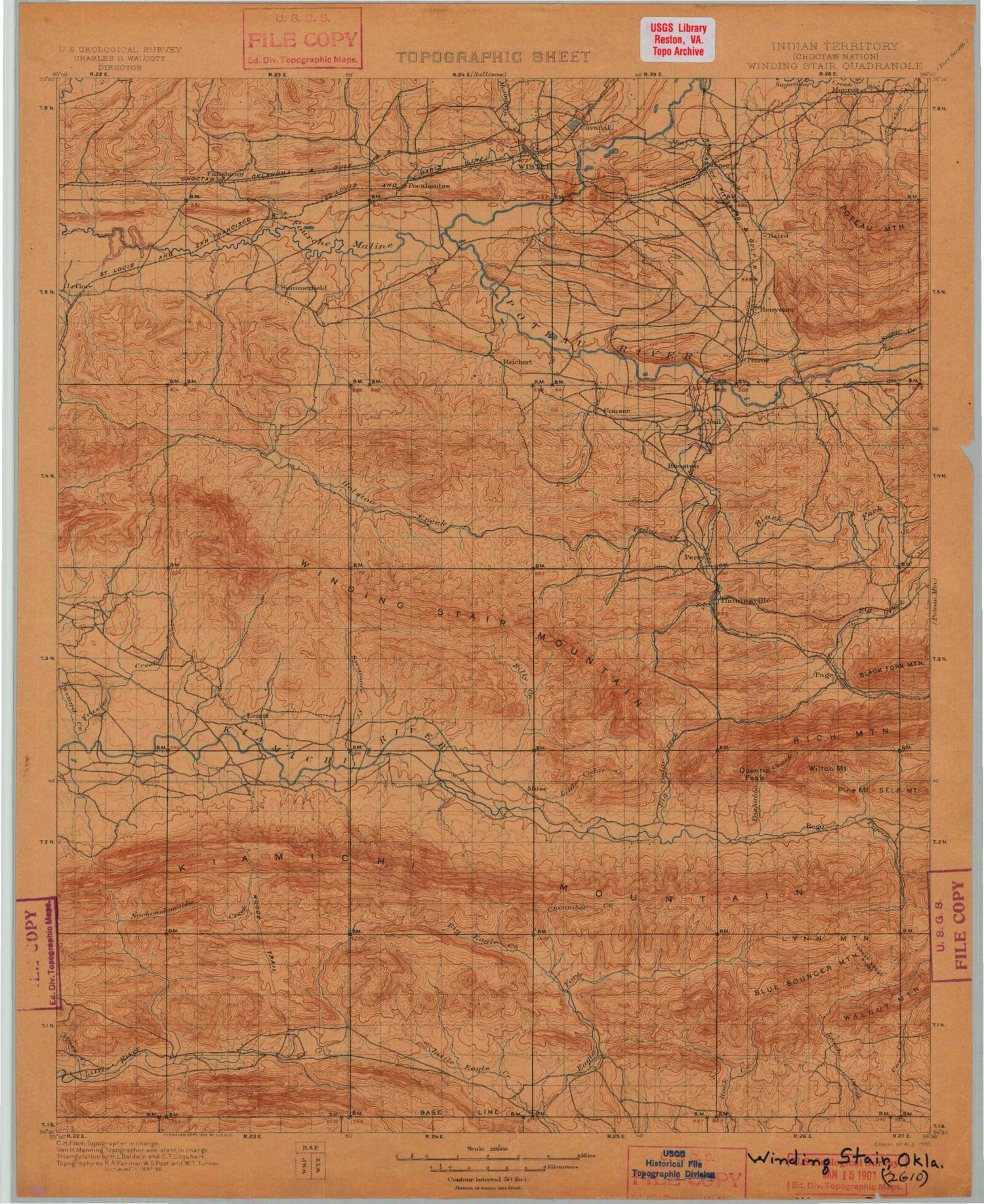 Historic 1900 Winding Stair Oklahoma 30'x30' Topo Map Image