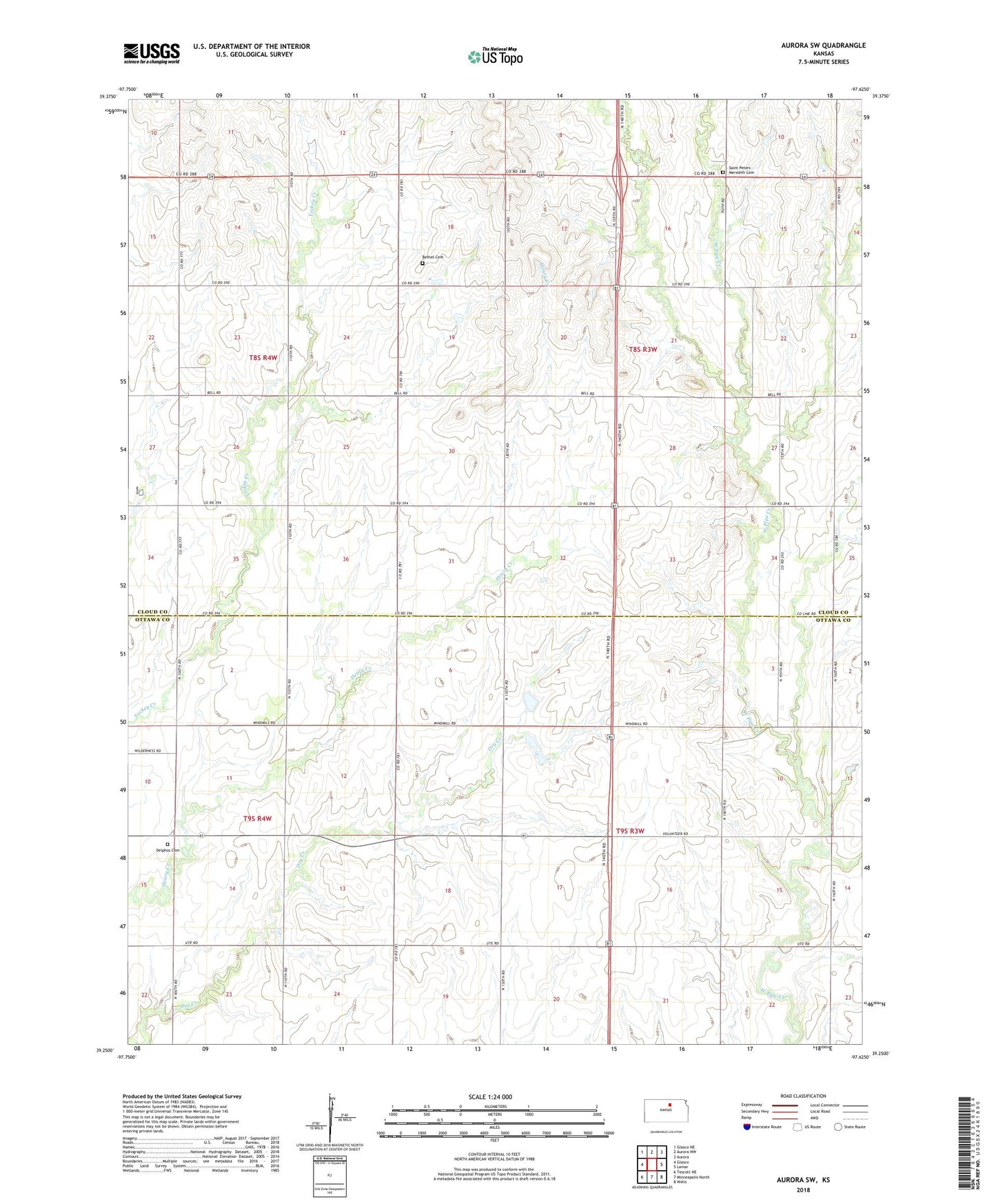 Aurora SW Kansas US Topo Map Image