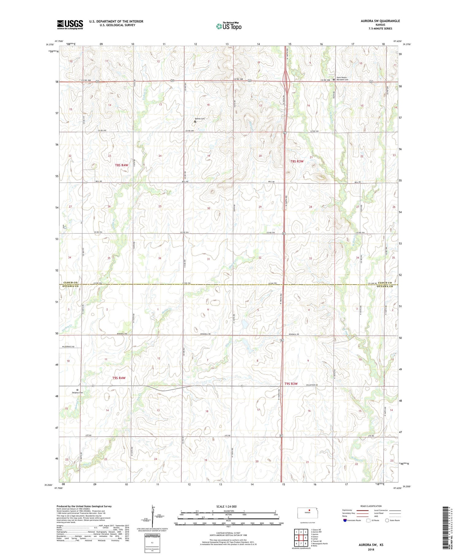 Aurora SW Kansas US Topo Map Image