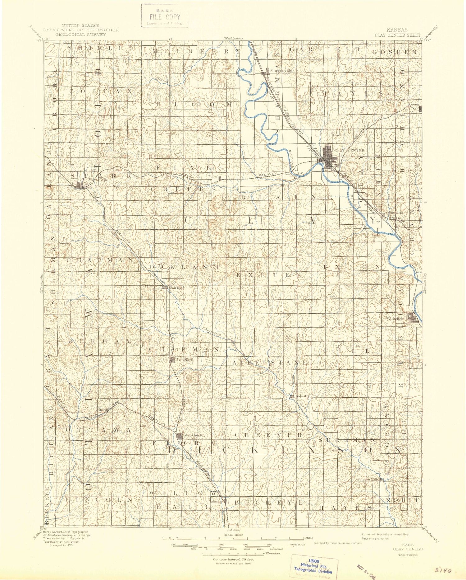 Historic 1891 Clay Center Kansas 30'x30' Topo Map Image