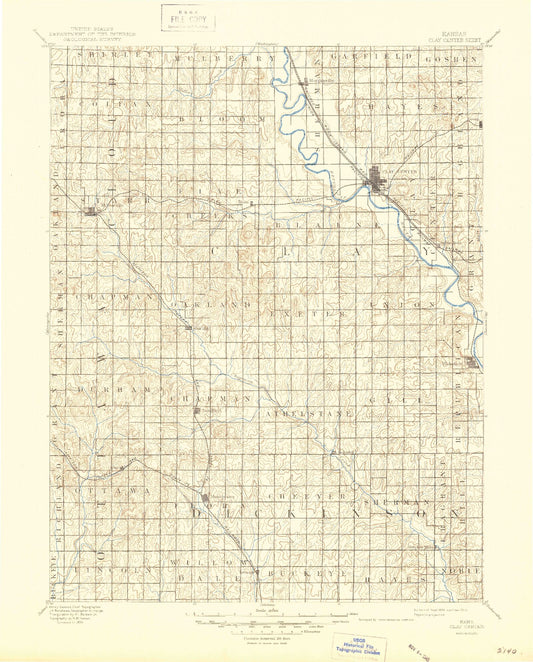 Historic 1891 Clay Center Kansas 30'x30' Topo Map Image