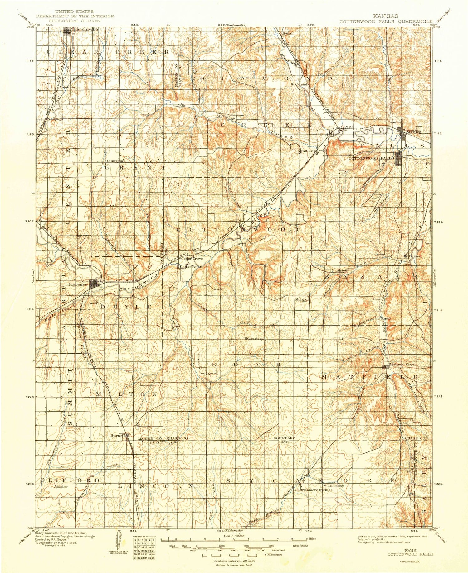 Historic 1898 Cottonwood Falls Kansas 30'x30' Topo Map Image