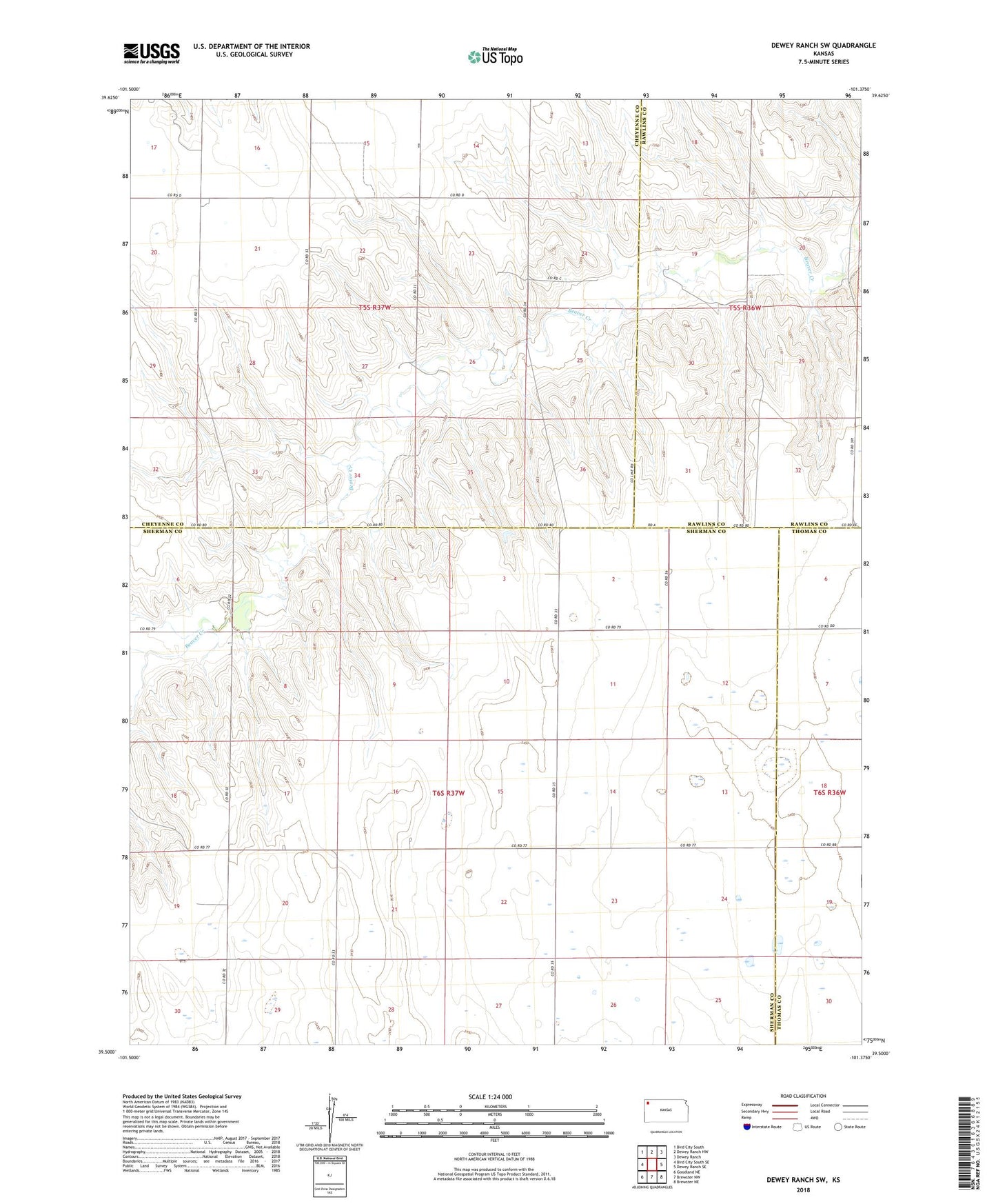 Dewey Ranch SW Kansas US Topo Map Image