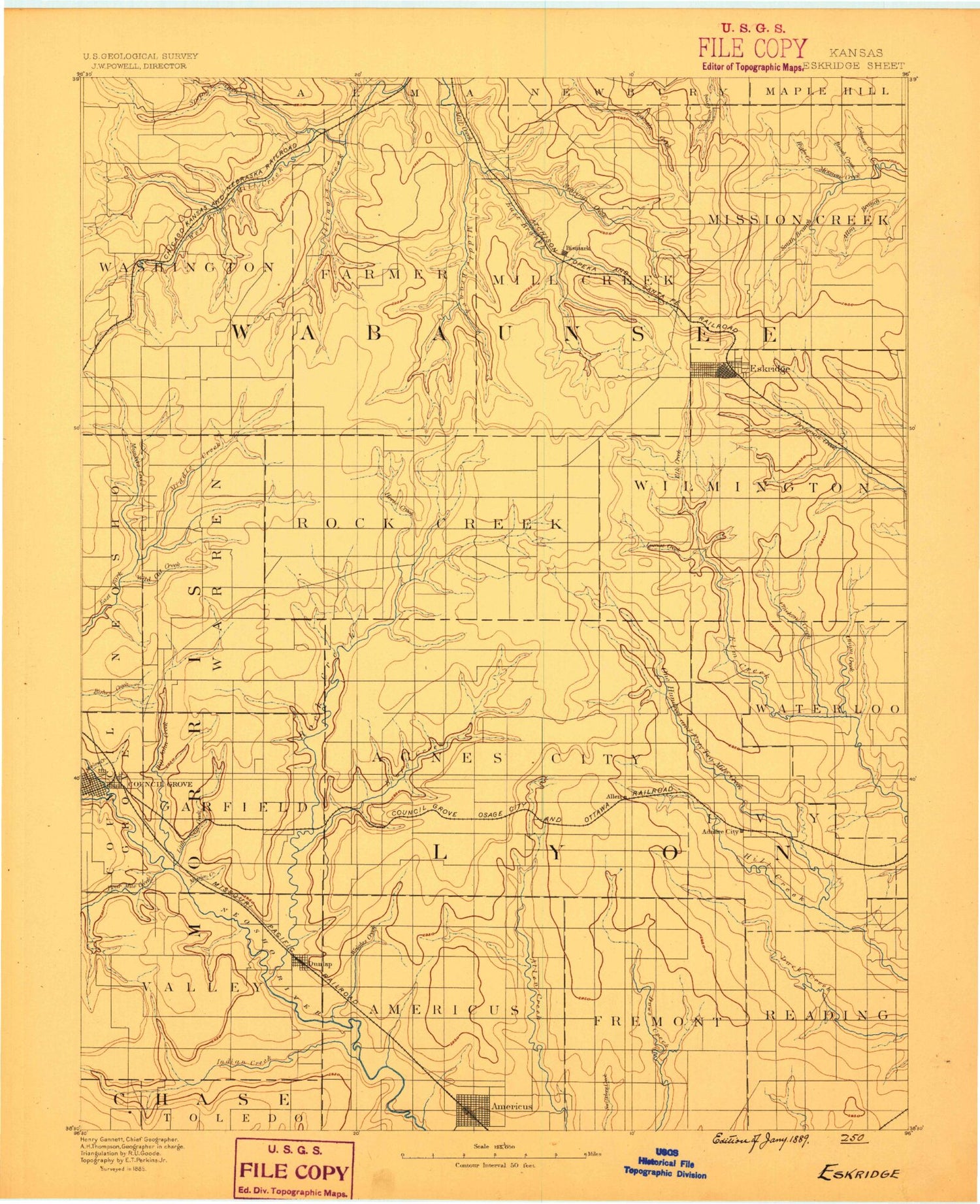 Historic 1889 Eskridge Kansas 30'x30' Topo Map Image