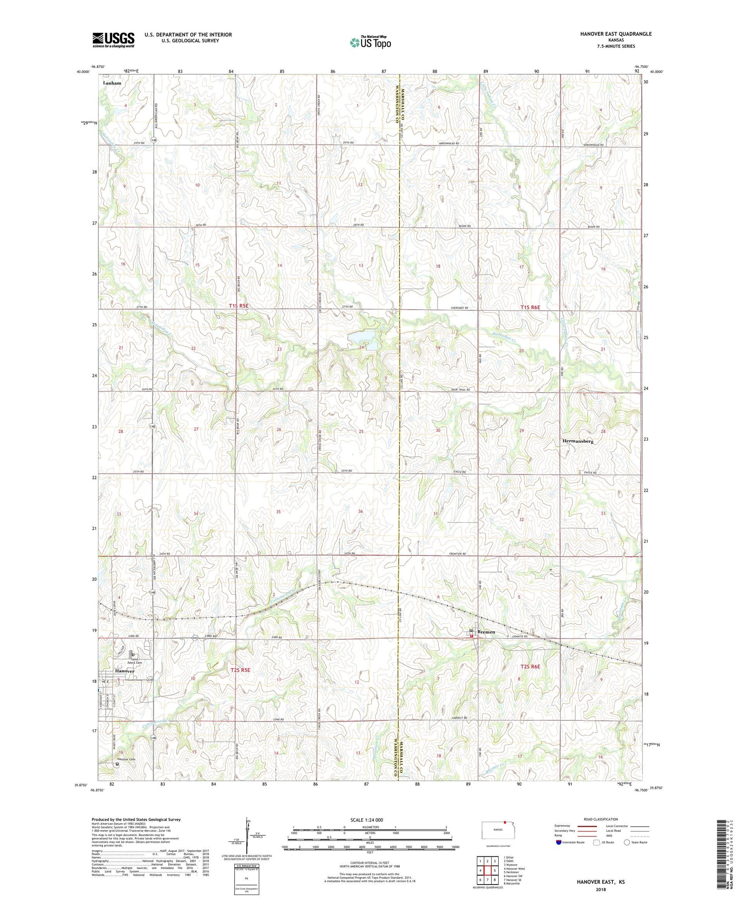 Hanover East Kansas US Topo Map Image