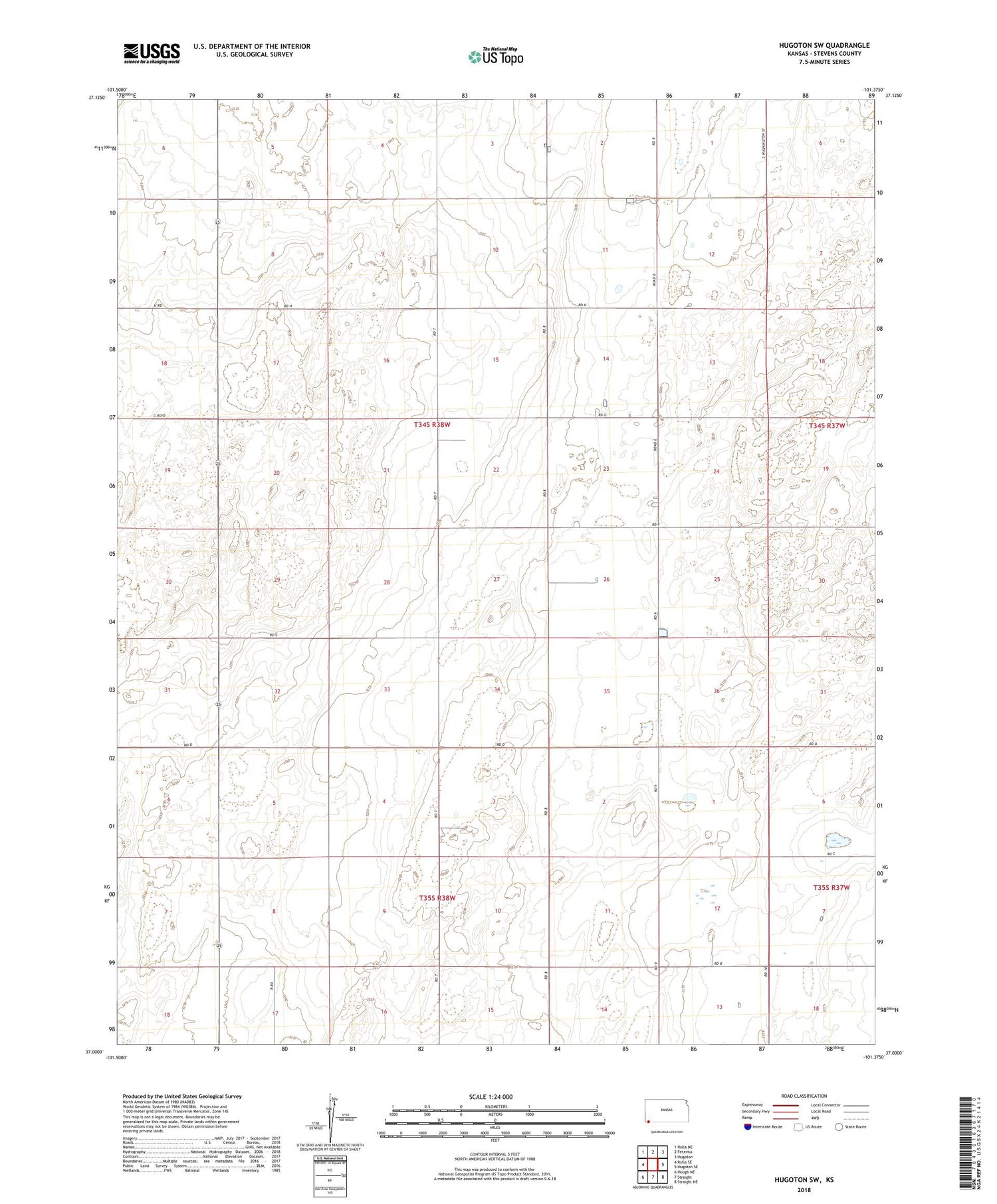 Hugoton SW Kansas US Topo Map Image