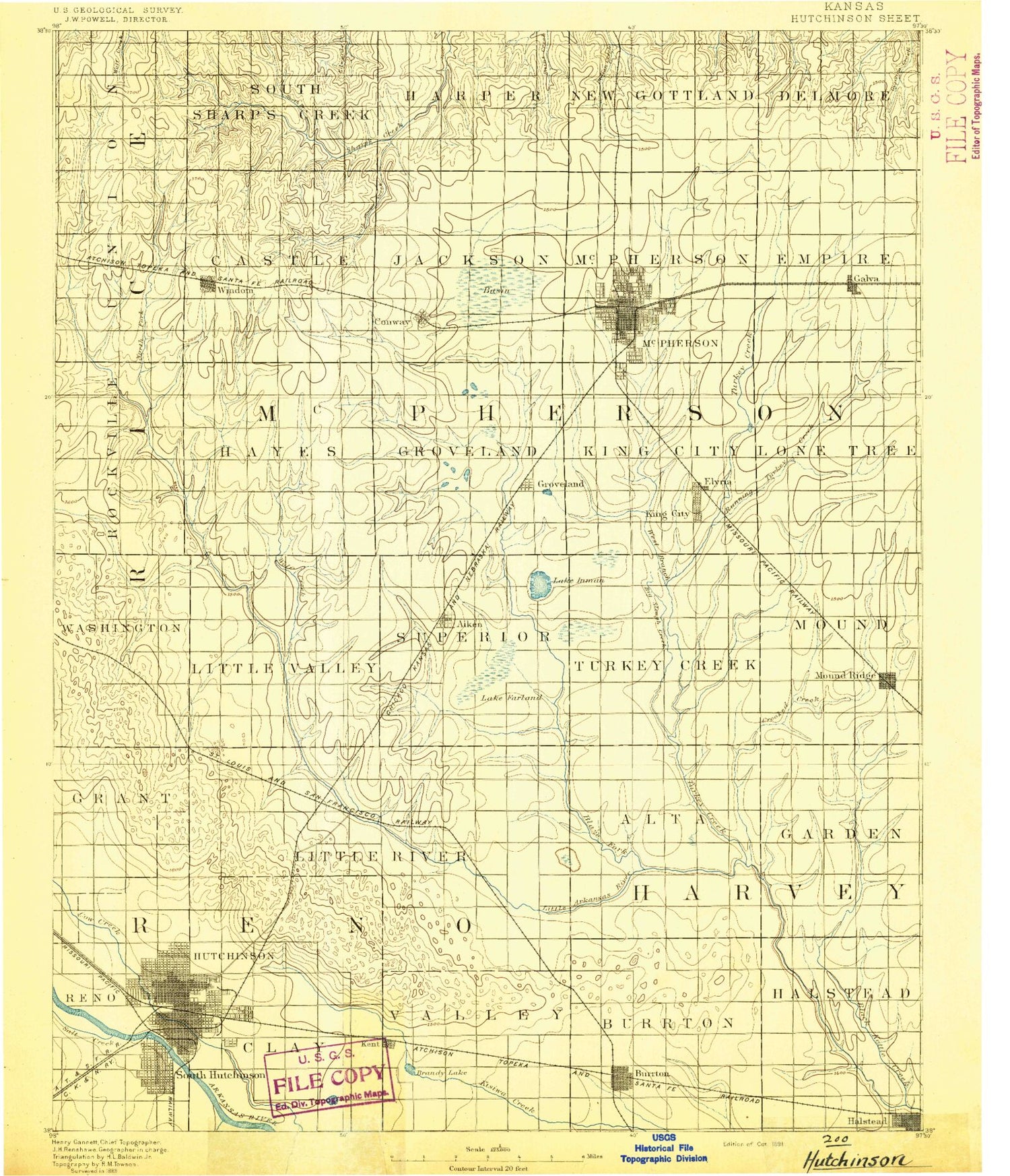 Historic 1891 Hutchinson Kansas 30'x30' Topo Map Image