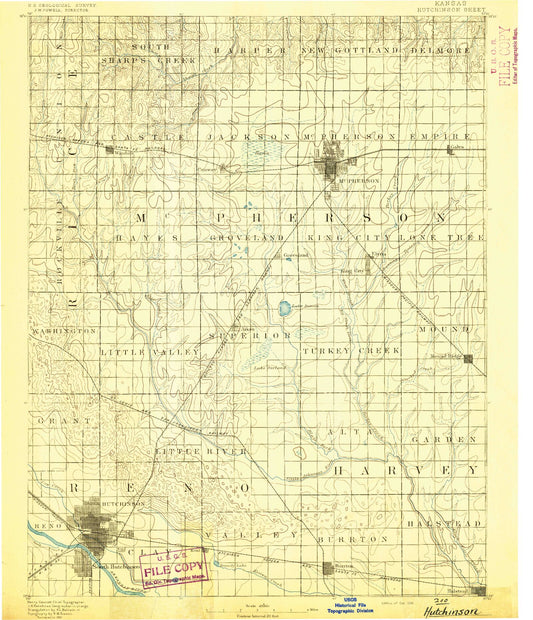 Historic 1891 Hutchinson Kansas 30'x30' Topo Map Image