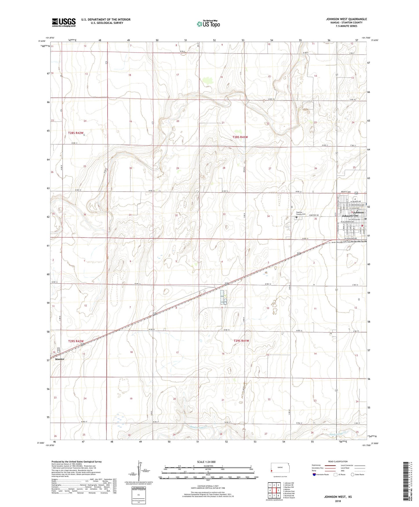 Johnson West Kansas US Topo Map Image