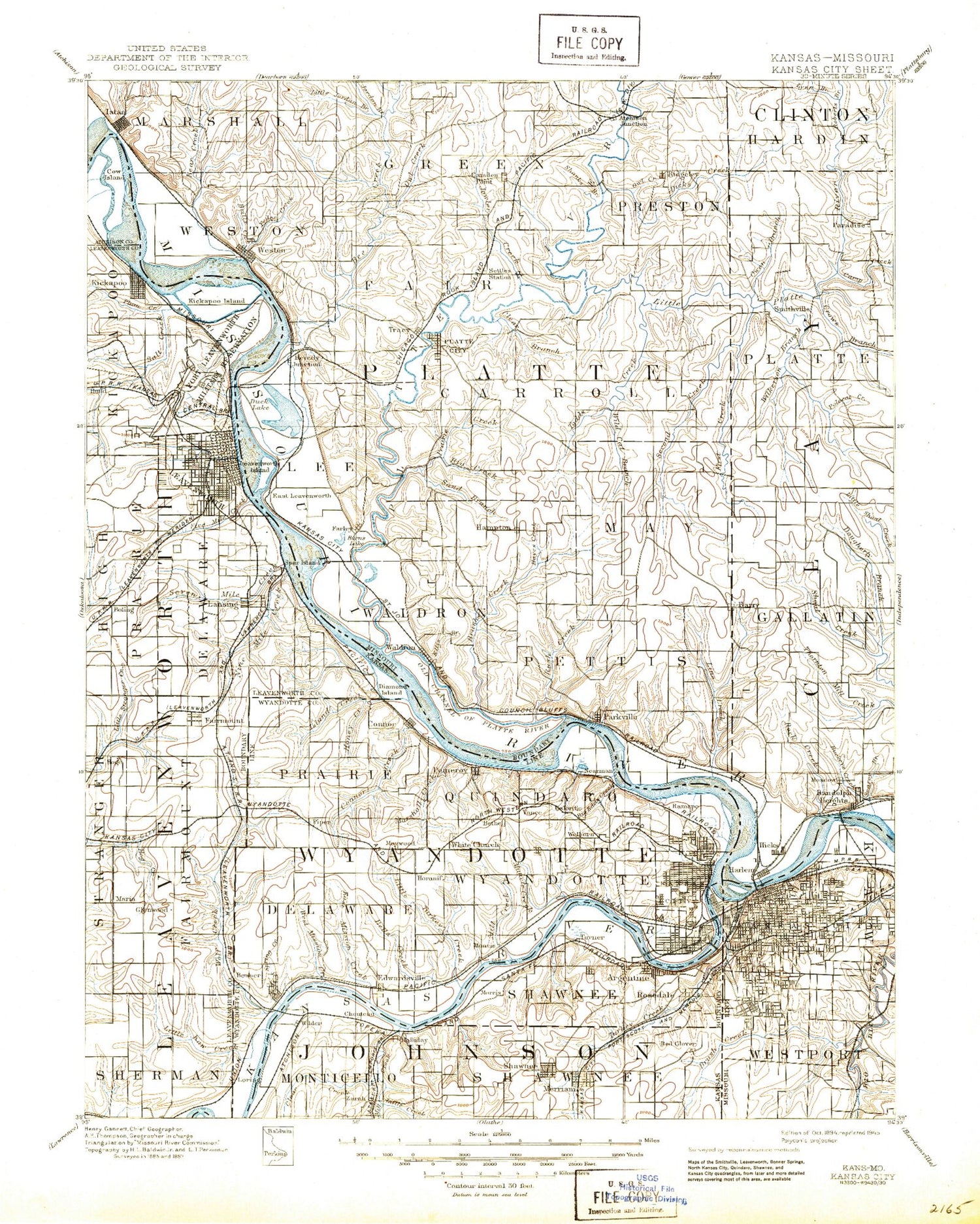 Historic 1894 Kansas City Missouri 30'x30' Topo Map Image