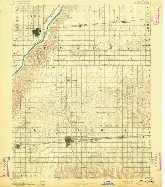 Historic 1892 Kinsley Kansas 30'x30' Topo Map Image