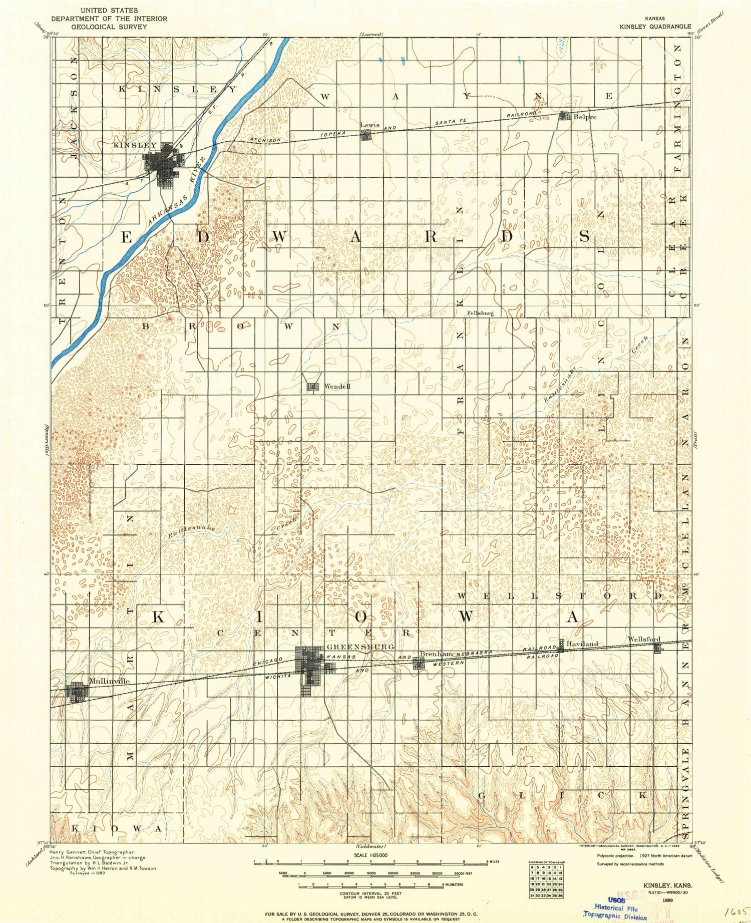 Historic 1889 Kinsley Kansas 30'x30' Topo Map Image