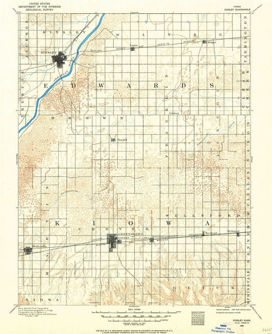 Historic 1889 Kinsley Kansas 30'x30' Topo Map Image