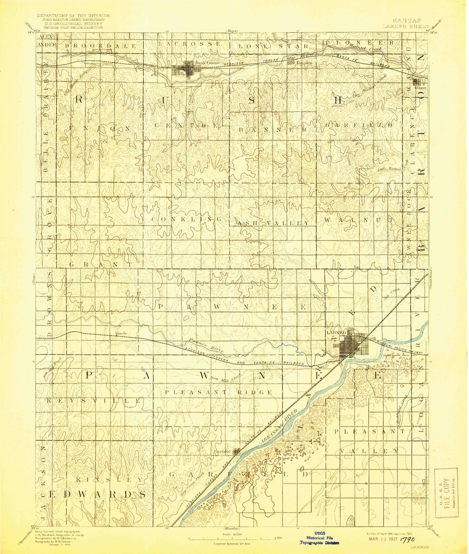 Historic 1891 Lakin Kansas 30'x30' Topo Map Image