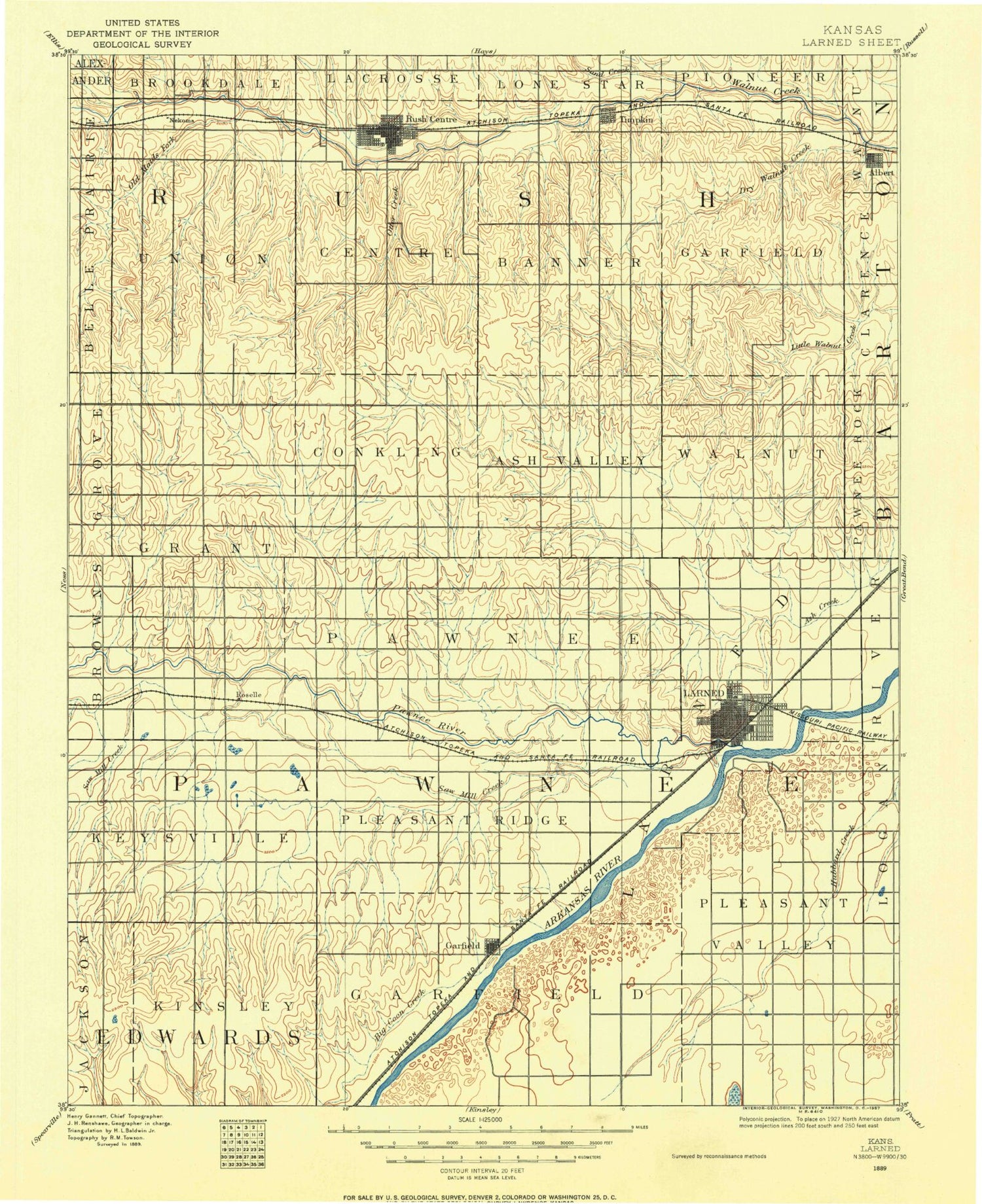 Historic 1889 Lamed Kansas 30'x30' Topo Map Image