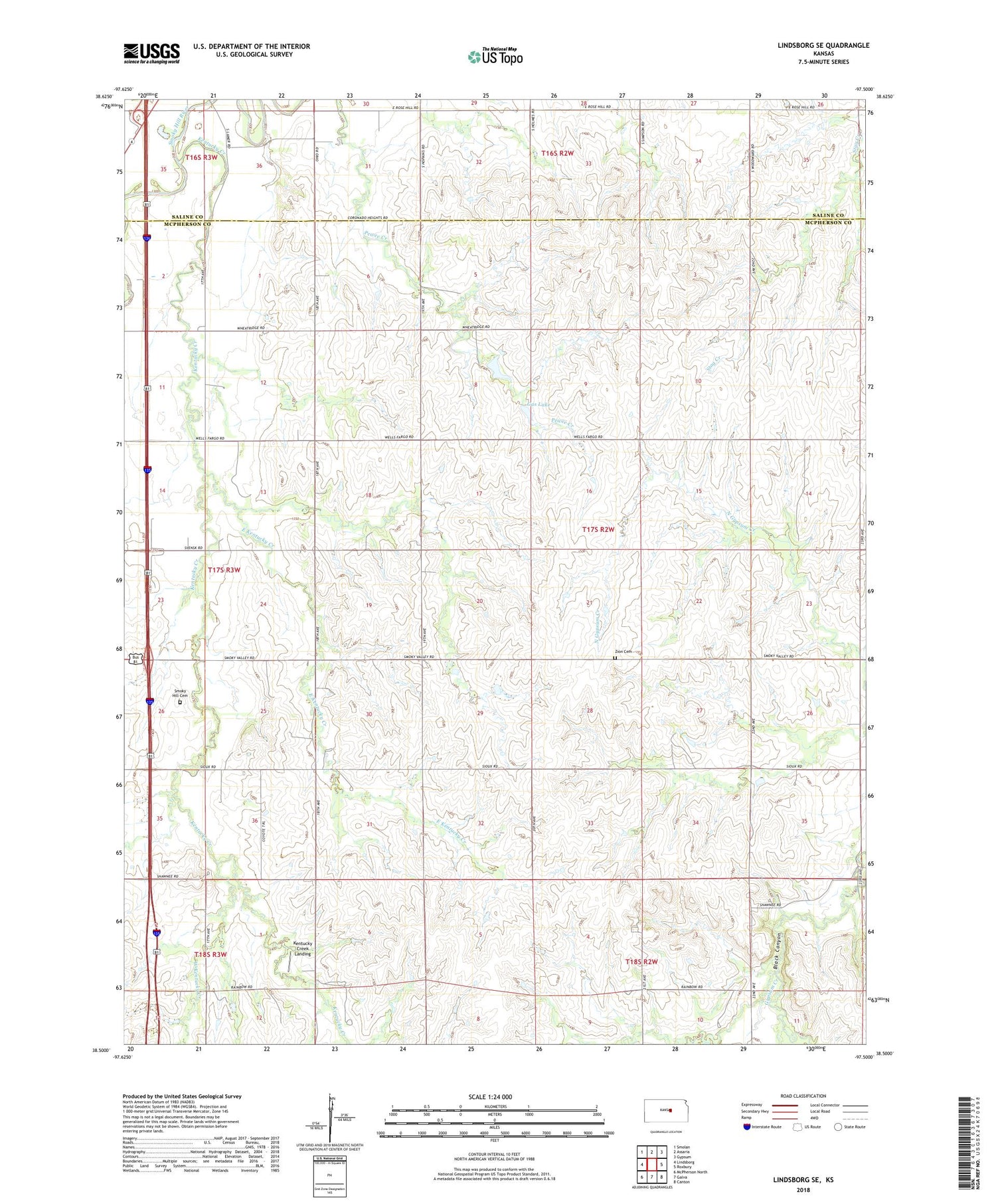 Lindsborg SE Kansas US Topo Map Image