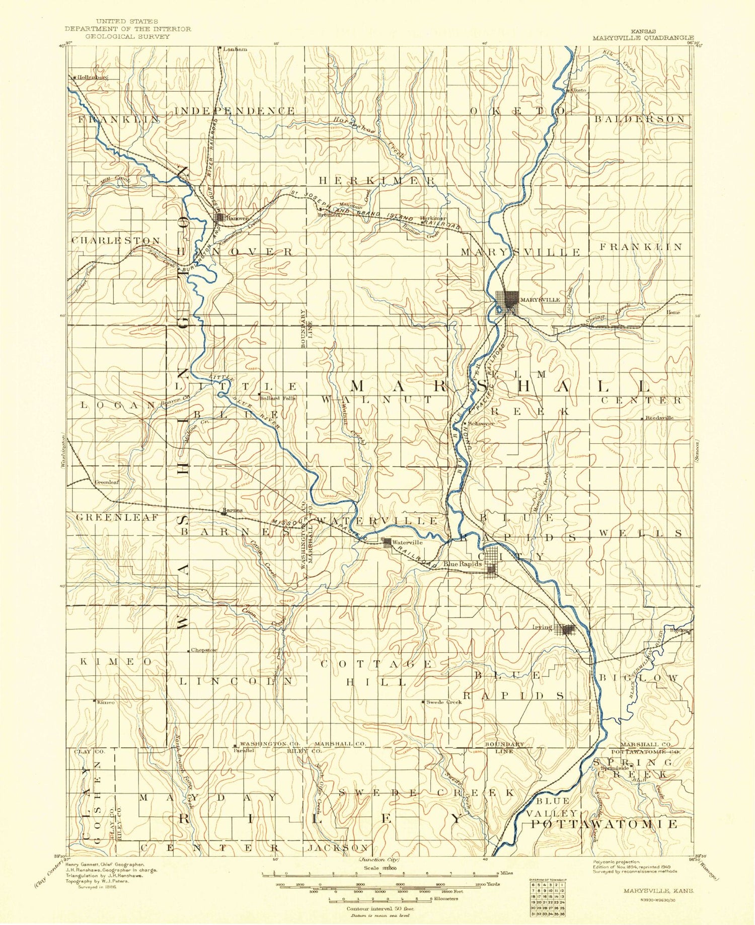 Historic 1894 Marysville Kansas 30'x30' Topo Map Image