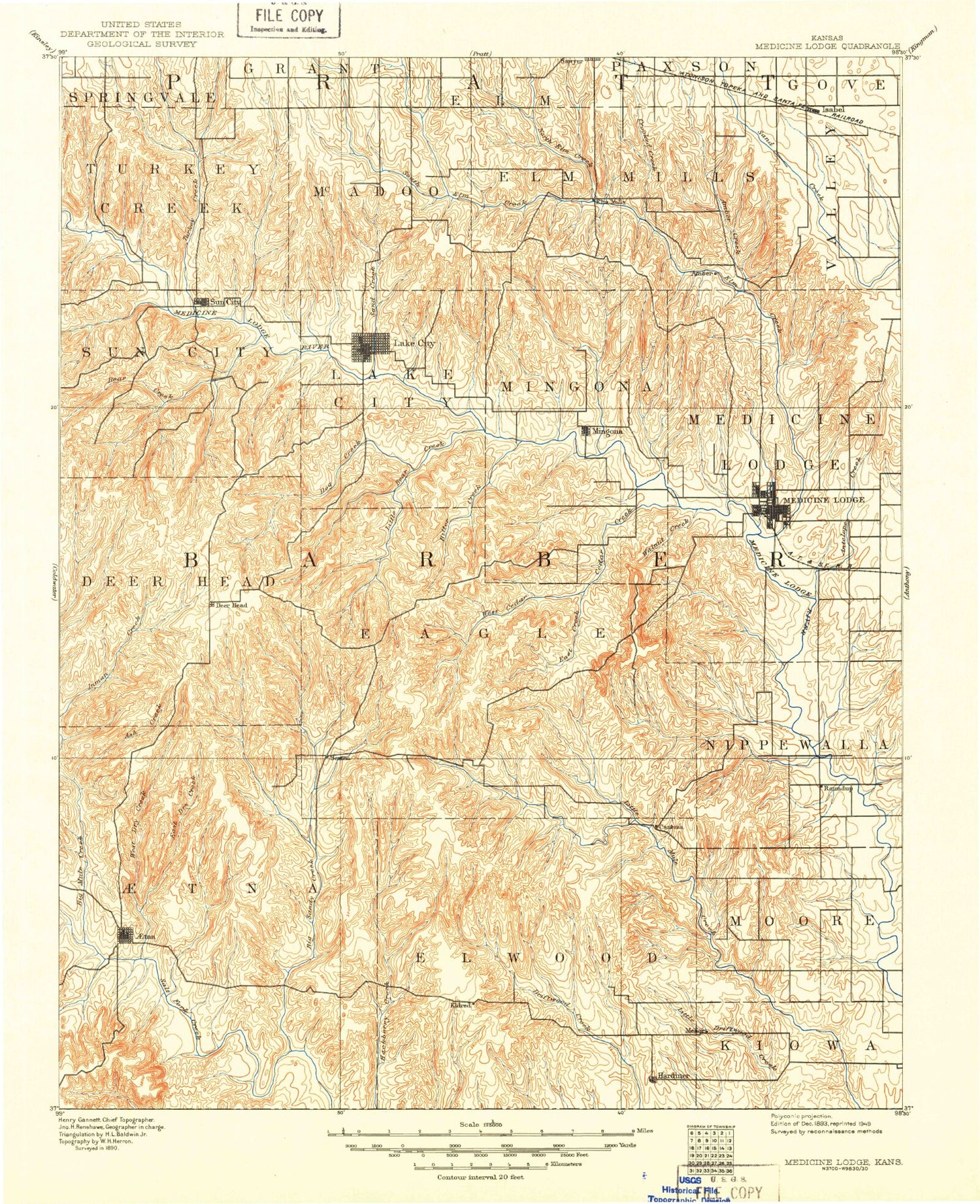 Historic 1893 Medicine Lodge Kansas 30'x30' Topo Map Image